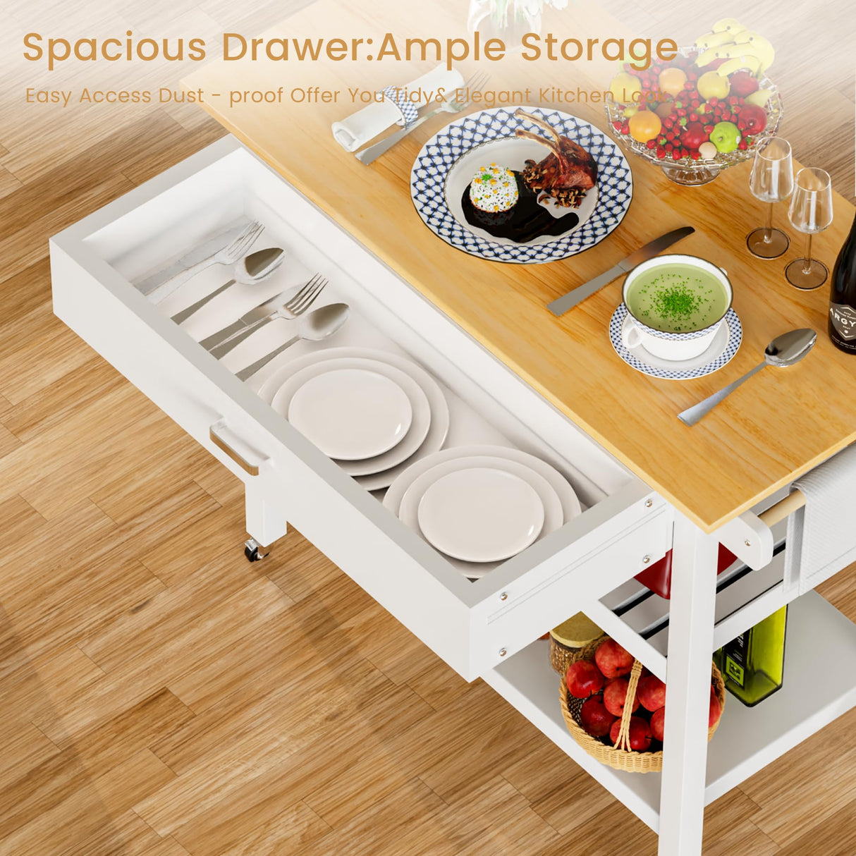 HiDSLiving Kitchen Island 42" Rolling Kitchen Island Cart On Wheels with Drawer Towl Rack 3 Tiers Rolling Utility Cart with Solid Wood Top Serving Trolley for Dining Room White HiDSLiving