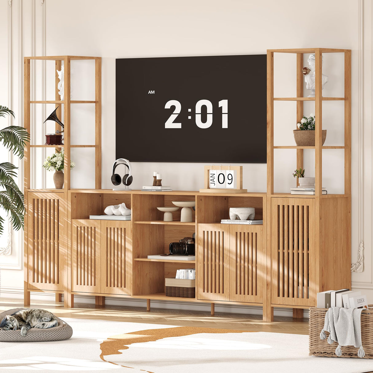 Entertainment Center with Bookshelves, Farmhouse TV Stand for 70 Inch TVs, TV Stands for Living Room w/Adjustable Shelves & Storage Cabinet, Modern Console Cabinet for Bedroom Home Theater HomeEterna