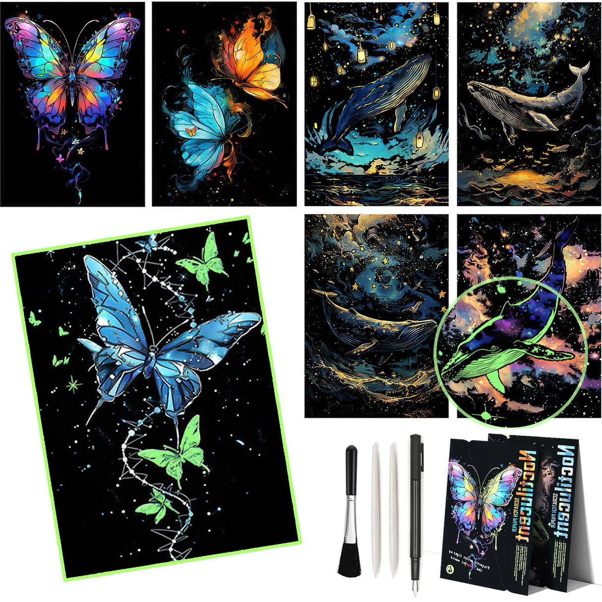 M MUGIT 8 Sheet Scratch Art Noctilucent Rainbow Painting Paper with Pen/Cleaning Brush, Glow in The Dark Engraving Scratchboard(A4) for Kids & Adult, ASMR Sketch Card Relaxing Toy (Butterfly/Dolphin) M MUGIT