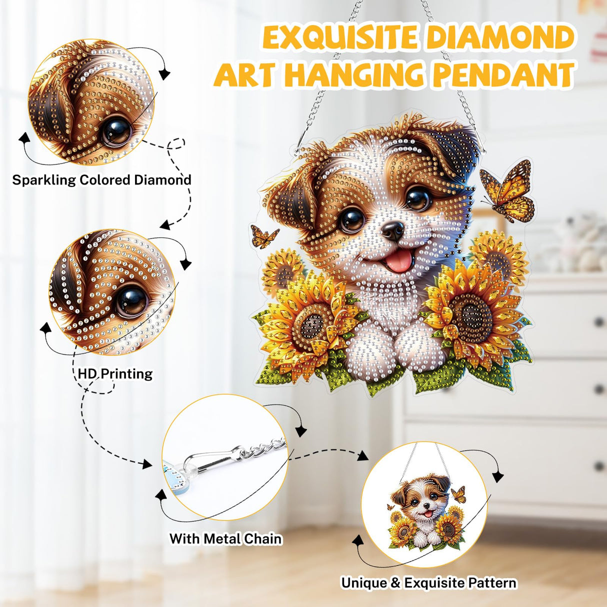 Bowetile Dog Diamond Art Hanging Kits for Adults Kids, 5D Special Shape Diamond Painting Sunflowers Pendant Kits, Animal Gem Art Suncatchers Painting Window Ornament for Home Garden Wall Decor Bowetile