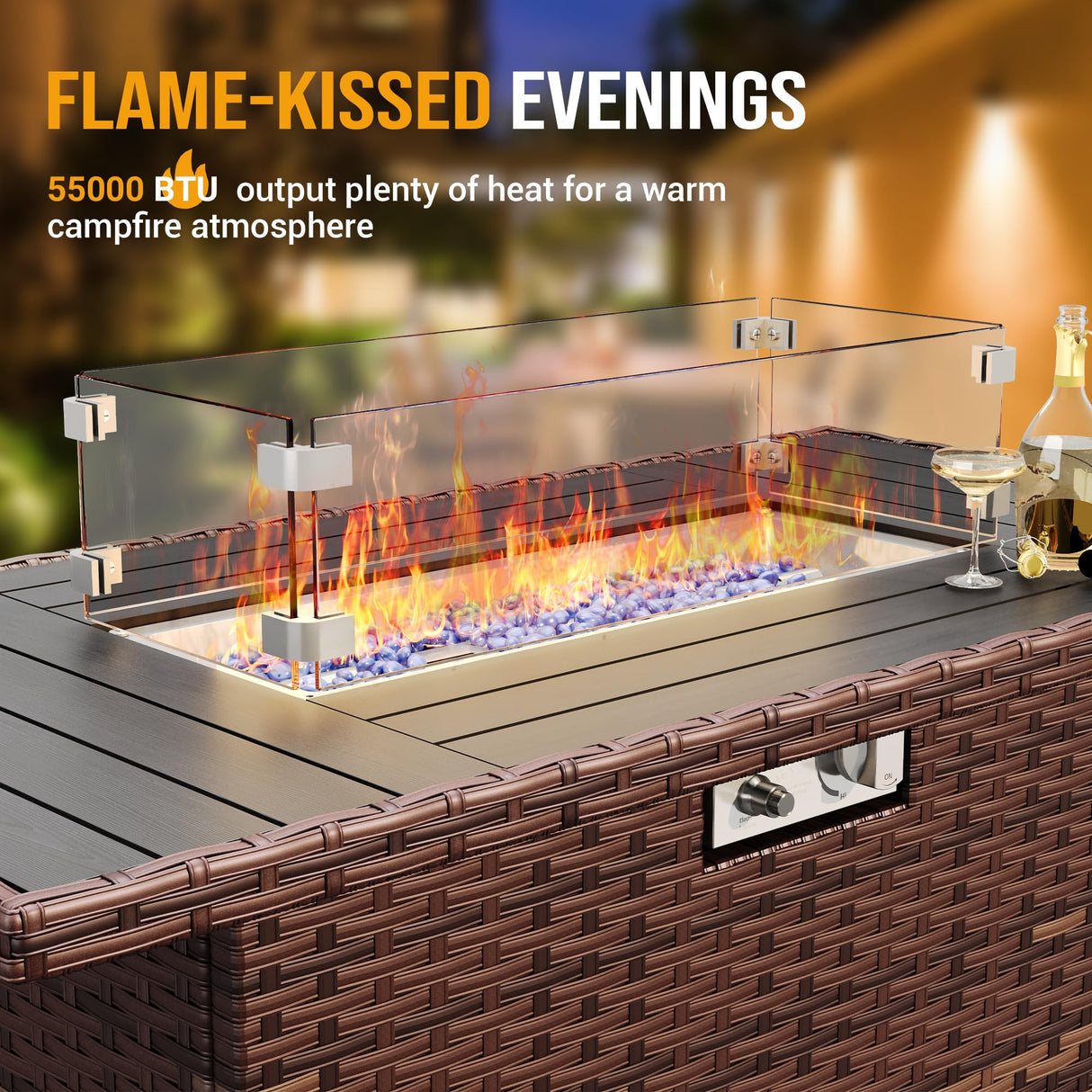 Poteban Outdoor Patio Furniture Set with 44" Fire Pit Table 8 Pieces Rattan Patio Sectional Sofa Conversation Set w/55000 BTU Propane Gas Fire Pit, Coffee Table, 2 Waterproof Covers, Orange Poteban