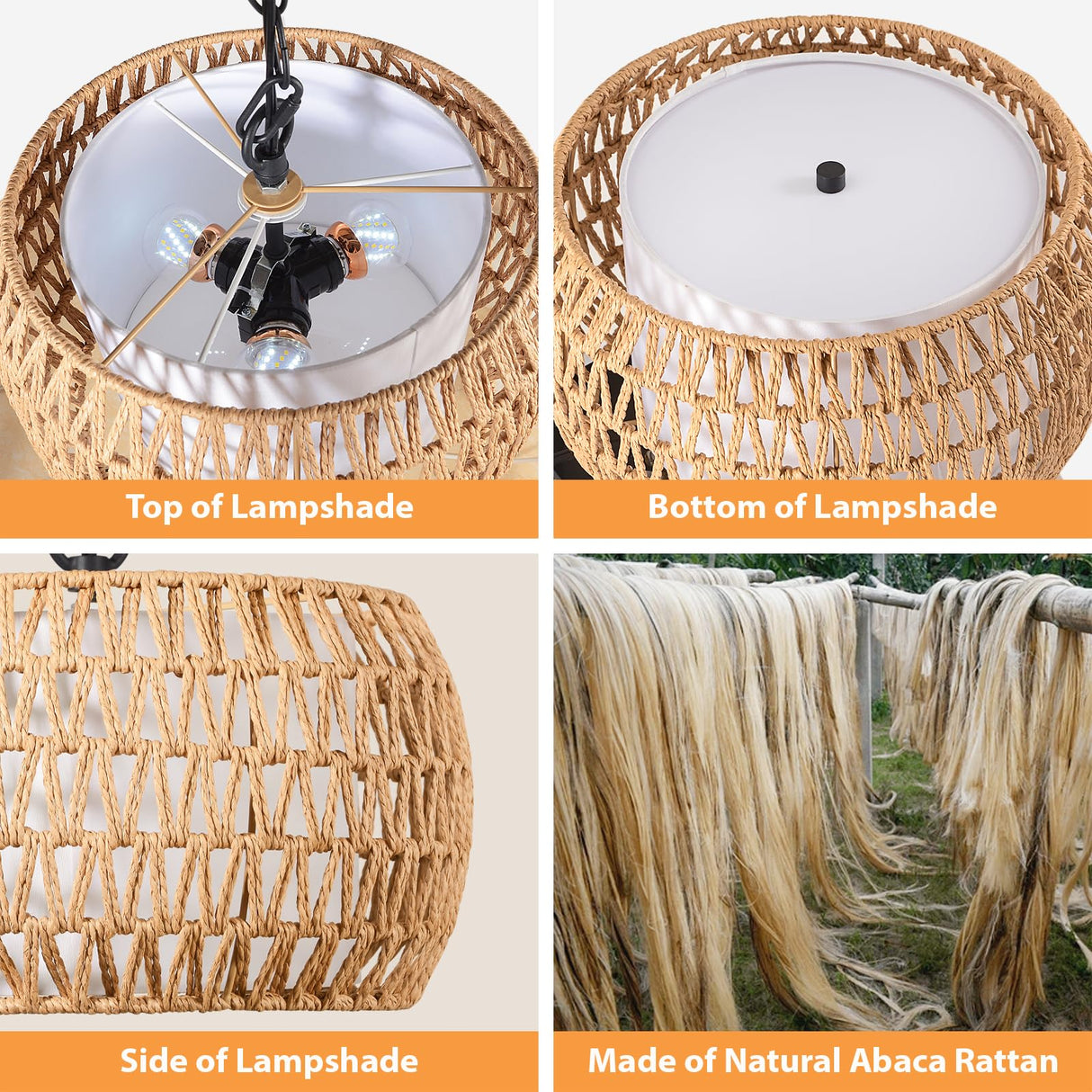 SUNLUMI Farmhouse Rattan Chandelier with 2-Tier Wicker and Fabric Shade, 3-Lights Boho Drum Pendant Light Fixture with Adjustable Chain, Hand-Woven Basket Chandeliers for Dining Living Room Kitchen SUNLUMI
