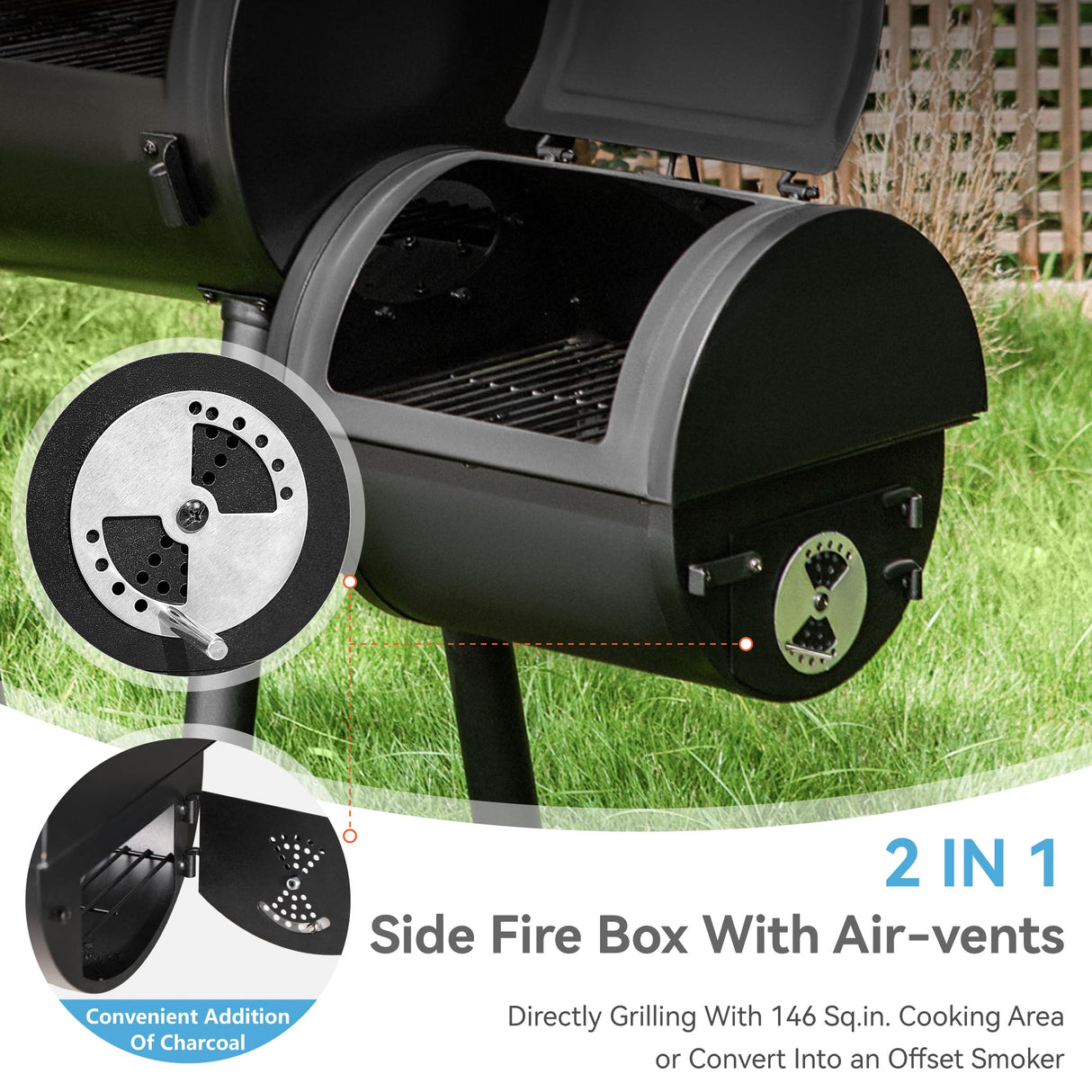 GREEN PARTY Offset Smoker Charcoal Grills with 28-Inch Cook Chamber, Barrel Smoker and Charcoal Grill Combo, 512 Sq. In. Space Barrel Charcoal Smoker Grill for Outdoor BBQ Patio Backyard Cooking GREEN PARTY