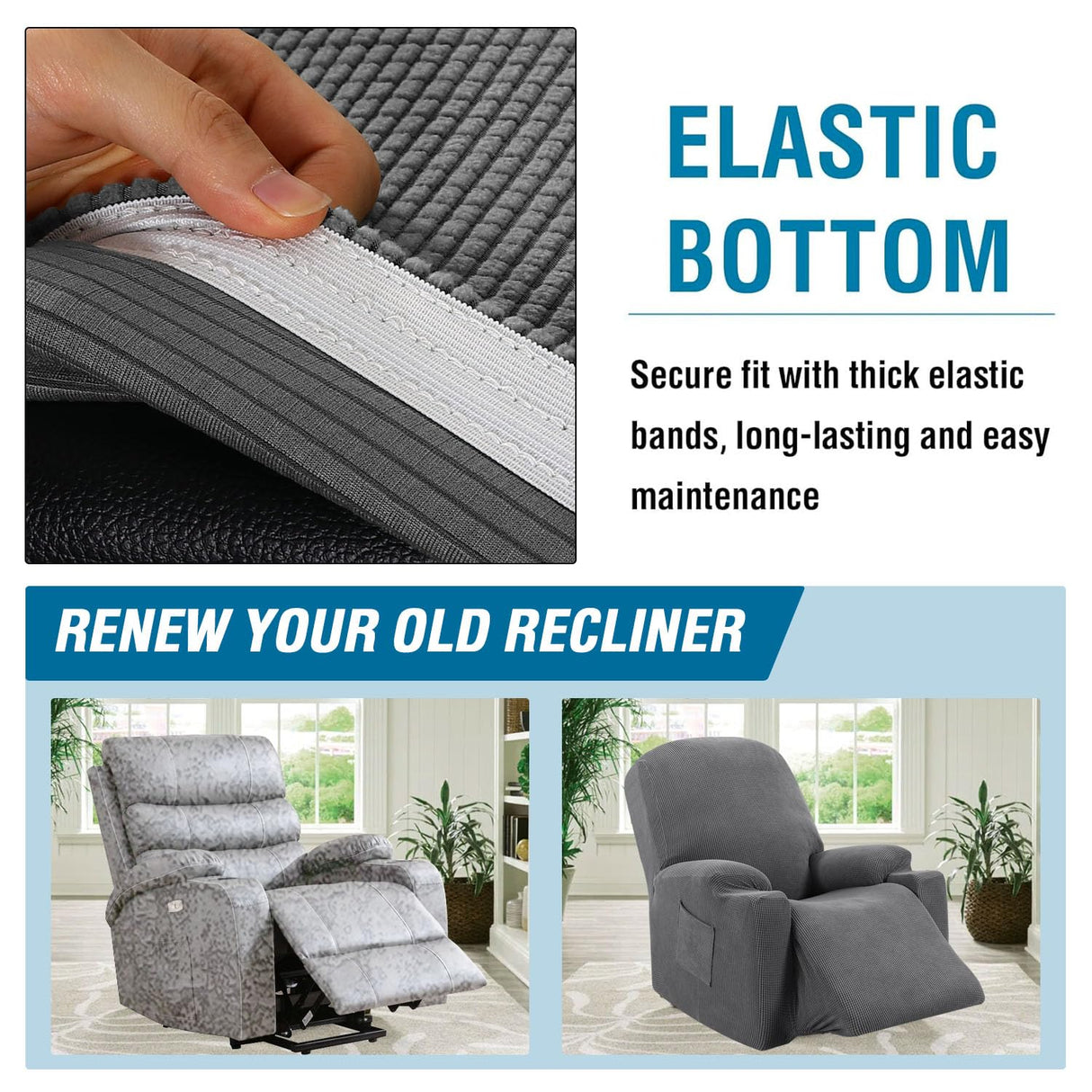 H.VERSAILTEX Stretch Couch Cover Recliner Cover Electric Power Lift Recliner Chair Cover Fitted Standard Large Power Lift Recliner with Side Pocket, Soft Thick Jacquard(Single Seat, Grey) H.VERSAILTEX