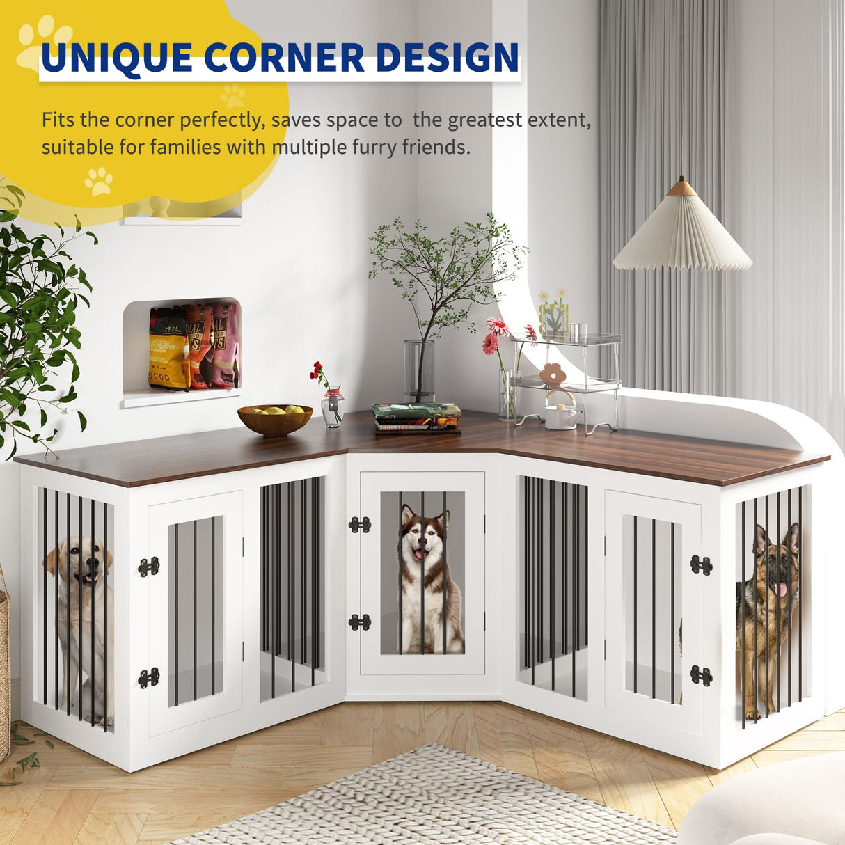 Large Dog Crate Furniture for 3 Dogs, 113'' Corner Dog Crate with Divider, 3 in 1 Heavy Duty Indoor Wooden Dog Kennel Furniture for Small Medium Large Dogs, White DEYGIA