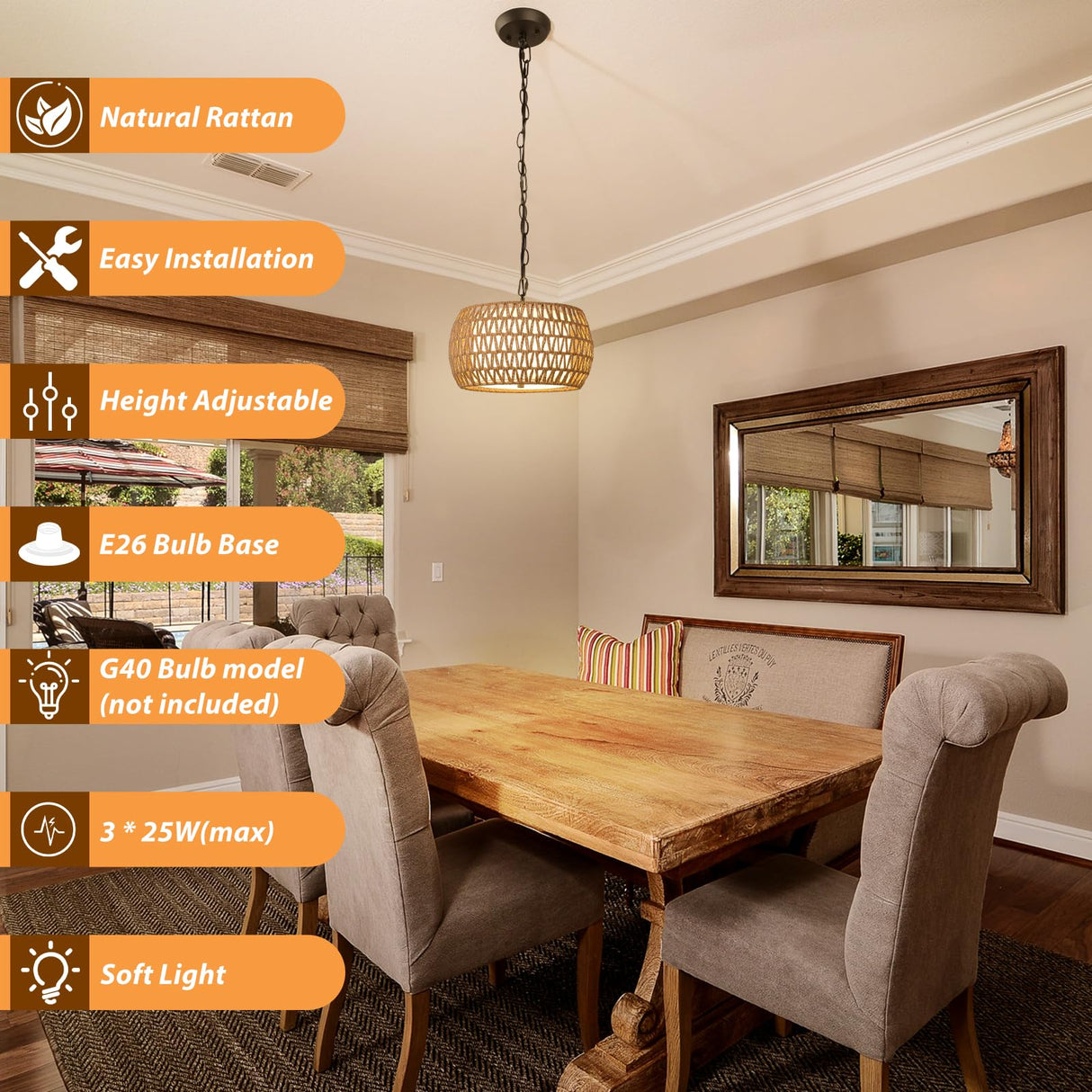 SUNLUMI Farmhouse Rattan Chandelier with 2-Tier Wicker and Fabric Shade, 3-Lights Boho Drum Pendant Light Fixture with Adjustable Chain, Hand-Woven Basket Chandeliers for Dining Living Room Kitchen SUNLUMI