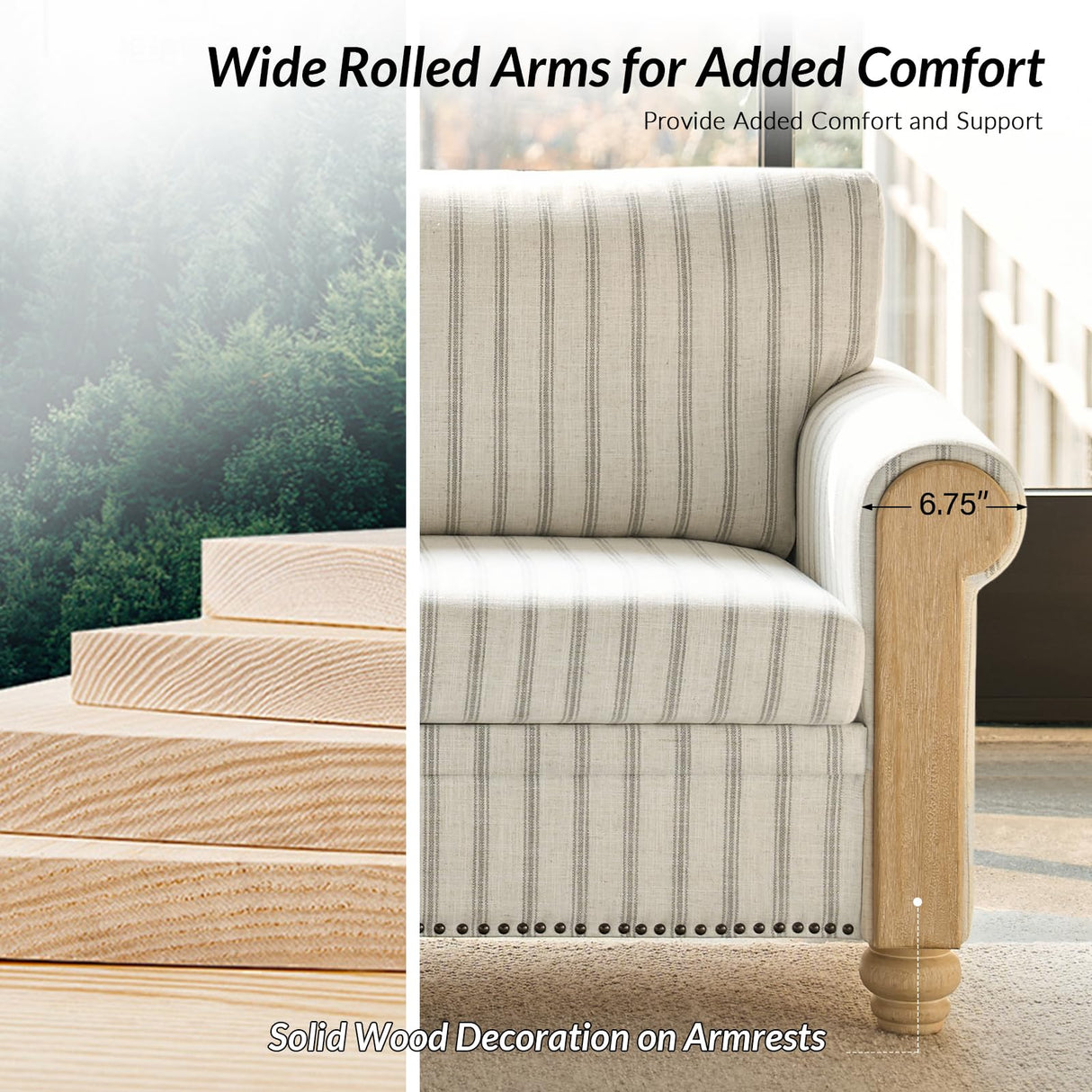 HULALA HOME 81" Farmhouse Couch with Stripe Pattern, 3 Seater Sofa with Solid Wood Legs and Rolled Wide Armrests, Comfy Upholstered Sofa with Nailhead Trims, FSC Certified, Stripe HULALA HOME