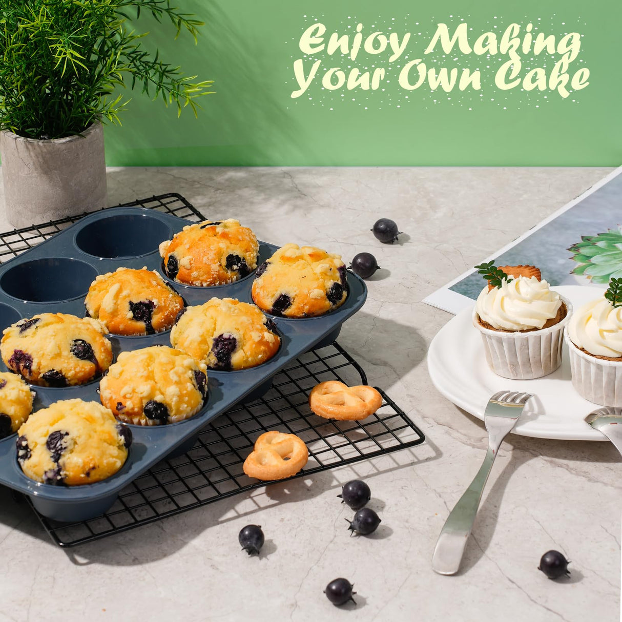 Vnray 2 Pack Silicone Muffin Baking Pan & Cupcake Tray 12 Cup - Nonstick Cake Molds/Tin, Silicon Bakeware, BPA Free, Dishwasher & Microwave Safe (12 Cup Size, Grey) Vnray