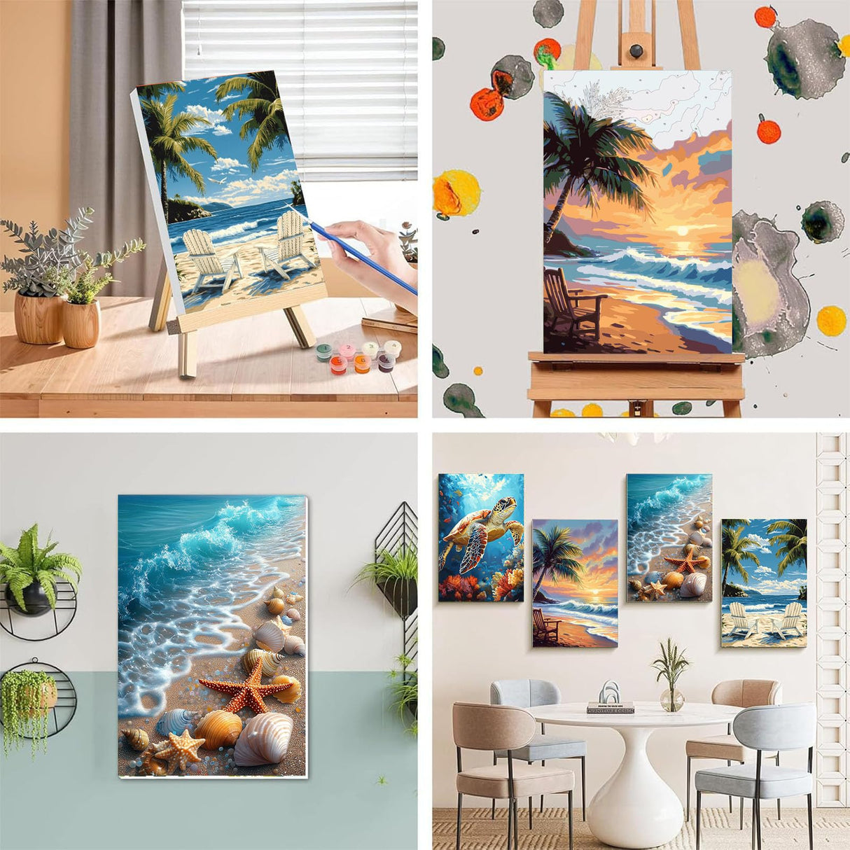 4 Pack Paint by Numbers for Adults with Framed Canvas - with Wooden Easel, Beach Paint by Number on Canvas, DIY Sea Turtle Acrylic Oil Painting Kits with Brushes for Home Wall Decor (8x12 inch) xackcme