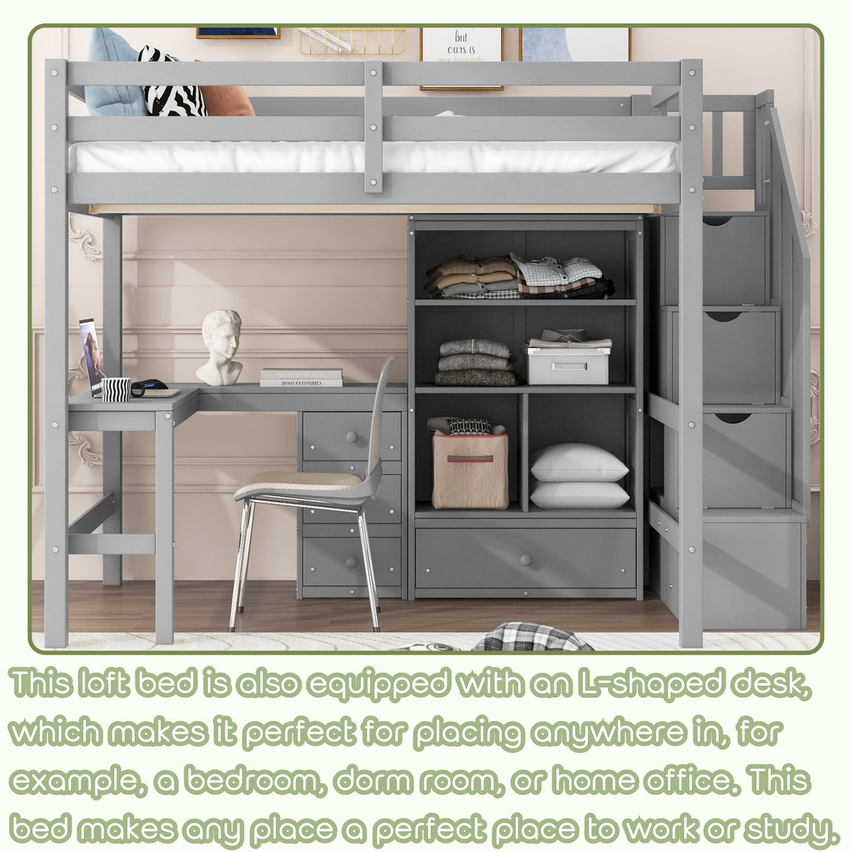 MERITLINE Full Size Loft Bed with L-Shaped Desk,Drawers,Staircase and Bookcase,Solid Wood High Loft Bed with Stairs and Guardrails,for Adults, No Box Spring Needed (Grey,Full) MERITLINE