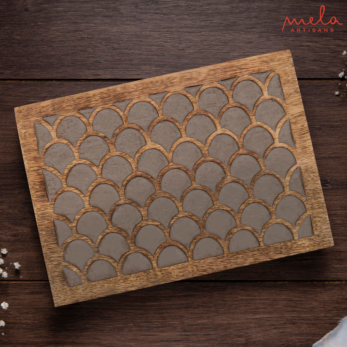 Scallop Wooden Box (Extra Large) - Light Burnt Over Grey Decorative Box w/ Felt Pads Underneath & Wooden Carving - Unique Handmade Mangowood Keepsake Storage Box for Jewelry - 10.5 x 7.5 x 4" Mela Artisans