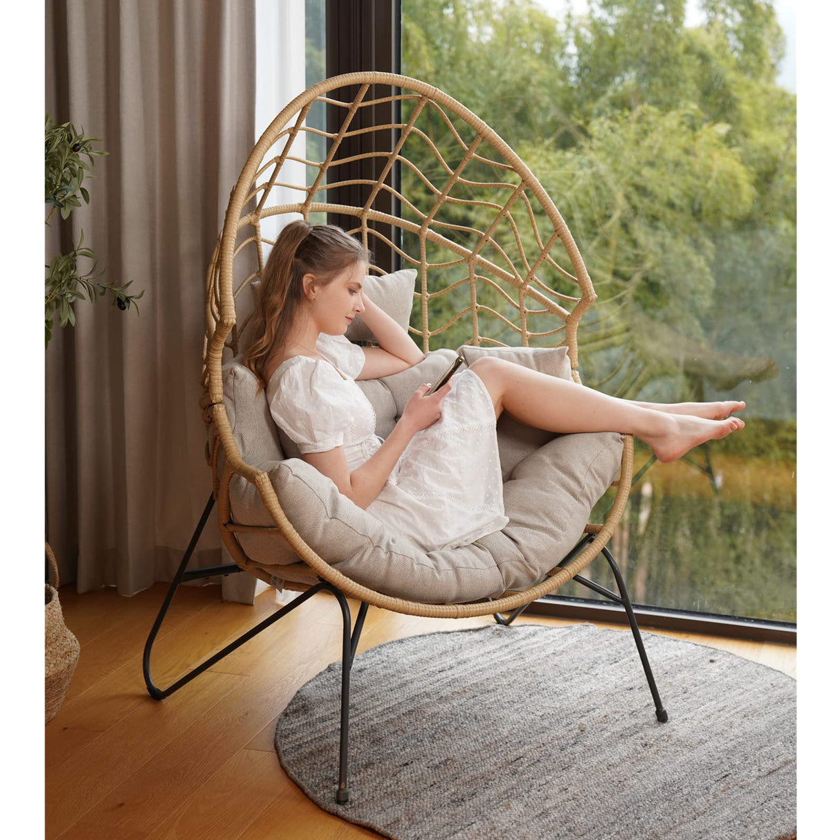 Grand patio Boho Stationary Wicker Egg Chair, Outdoor Wicker Nordic Oversized Egg Chairs with Cushion Backyard Back Porch, Tan Grand patio