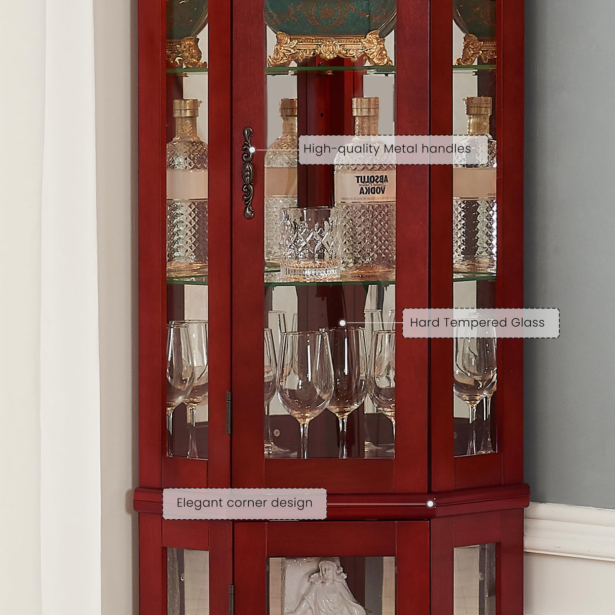 Eyisean Lighted Corner Curio Cabinet 70" Glass Display Cage with 6 Tempered Adjustable Shelves, Freestanding Home Bar Cabinet with Door, Rack for Liquor Storage and Living Room (Cherry) Eyisean