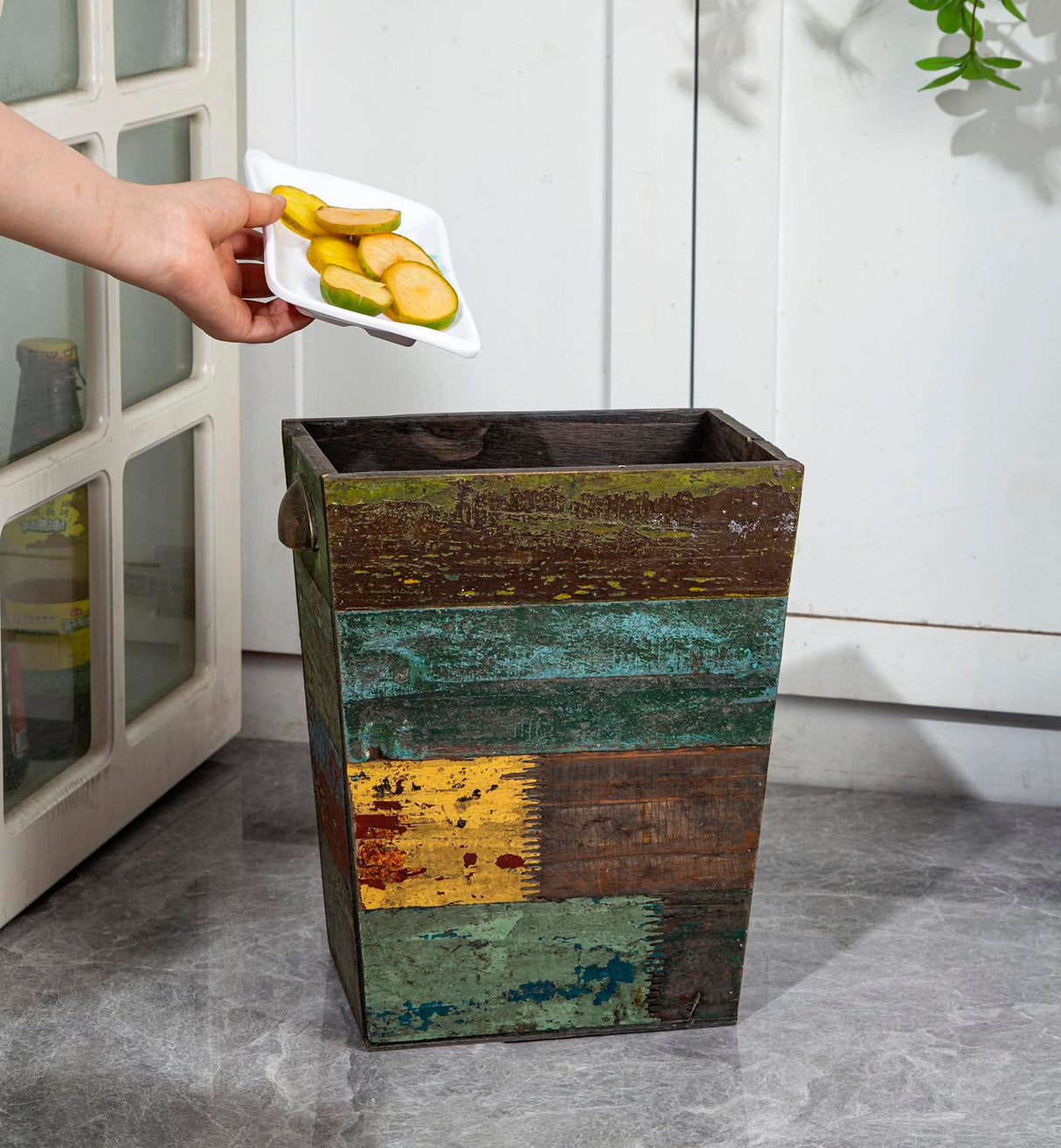 TIMRIS Small Wood Trash Can Wastebasket, Farmhouse Rectangular Garbage Can Waste Basket, Rustic Distressed Boho Wooden Trash Recycling Bin with Metal Handles, Reclaimed Wood Storage Basket (Random) TIMRIS