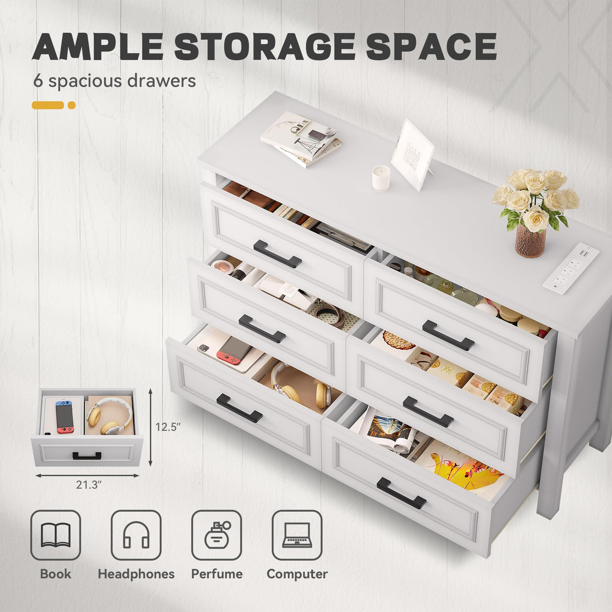 YITAHOME 6-Drawer Dresser with Built-in Power Outlet, Wood TV Stand with 6 Large Drawers and Bar Handles, White Dresser Chest of Drawers for Living Room, Hallway, Entryway YITAHOME