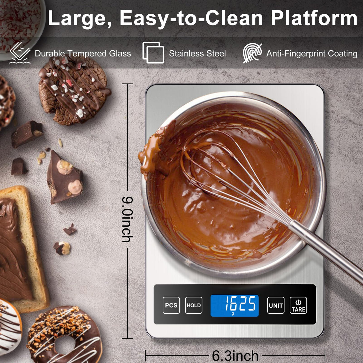 Fuzion Food Scale, 1g/0.1oz Digital Kitchen Scale - 22lb, 7 Units, Tare & PCS, Rechargeable Power, Tempered Glass & Stainless Steel - Food Weight Scale Grams and Ounces for Cooking, Baking Fuzion