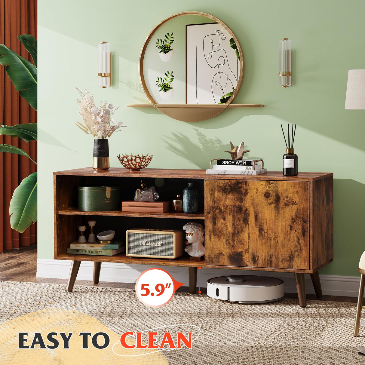 WLIVE Mid-Century Modern TV Stand for 55" TV, Entertainment Center with Storage, Open Shelves TV Console for Living Room and Bedroom, Retro Brown WLIVE