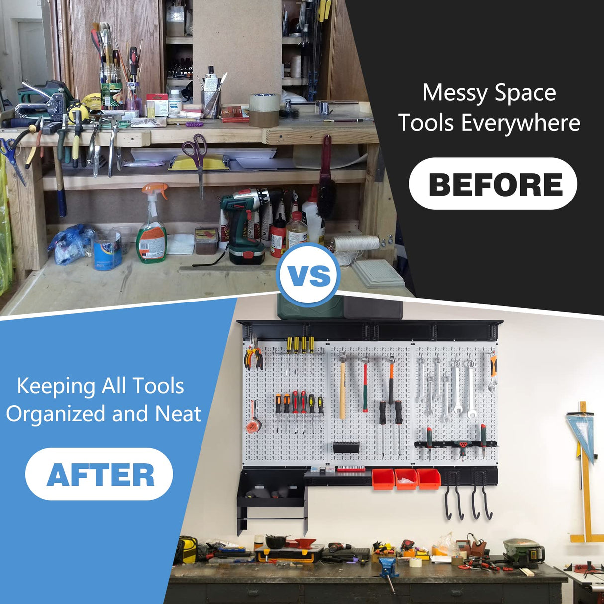 Ultrawall Peboard Storage Organizer, 48x36 inch Pegboard Wall Organizer, Metal Garage Peg Board with Toolboard, Utility Hooks, Overhead Shelf, 105pcs Ultrawall