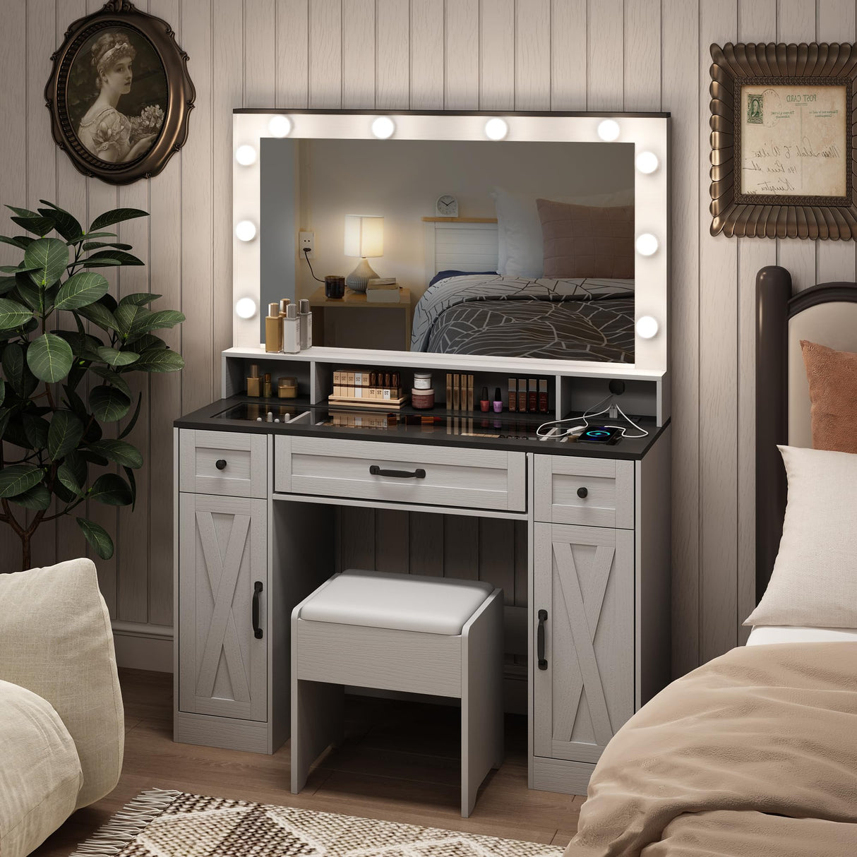 Vabches Vanity Desk with Mirror and Lights,Glass Top,Makeup Vanity Table Set with Stool,Charging Station and 3 Lighting Modes,2 Cabinets 3 Drawers Dressing Table,White Vabches