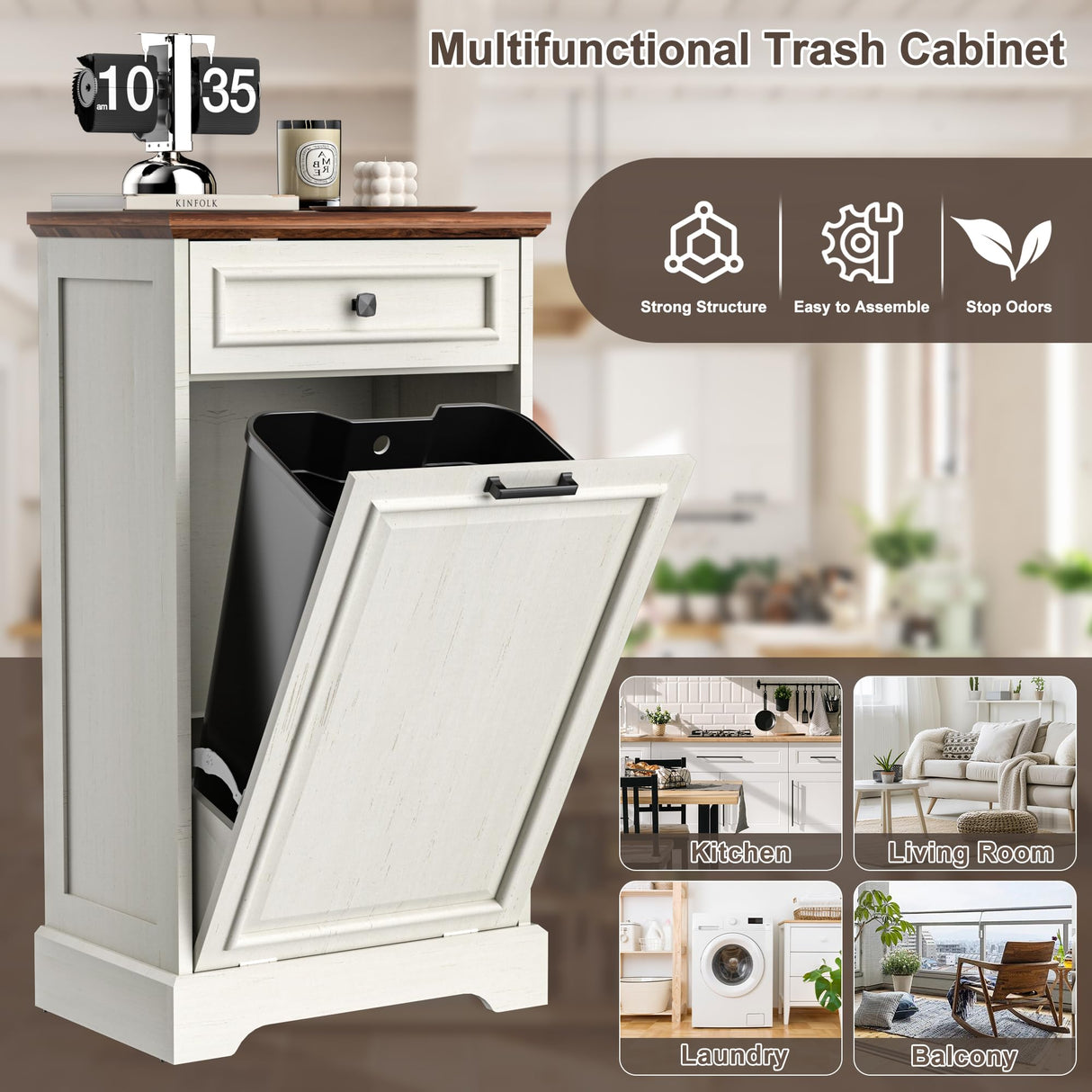 Spurgehom 13 Gallons Tilt Out Trash Cabinet Free Standing Kitchen Trash Garbage Bin Recycling Trash Cabinets with Hideaway Drawer Pet Proof Trash Can Holder for Kitchen, Antique White and Brown Spurgehom