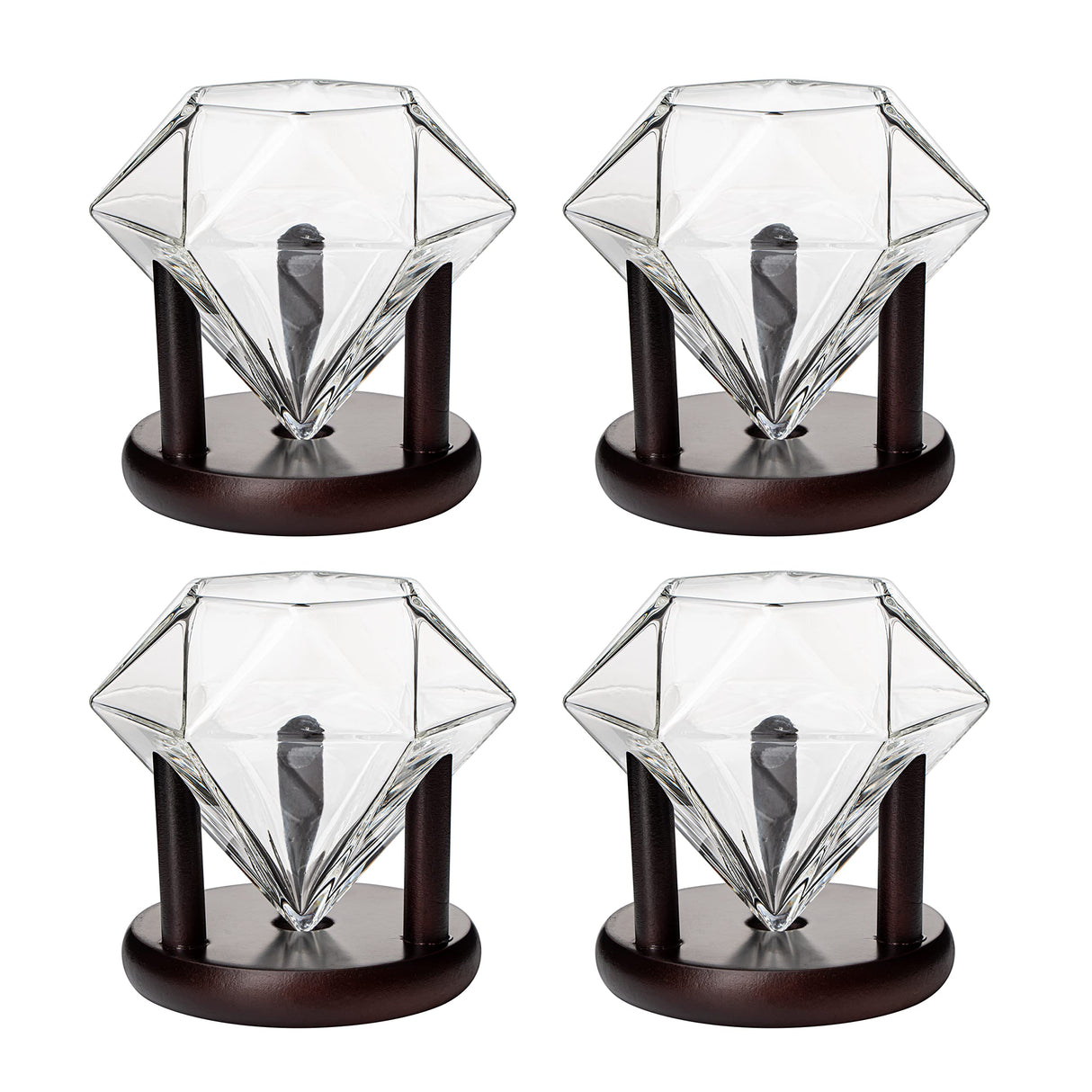 Set of 4 Diamond Whiskey & Wine Glasses With Wood Stands 10oz - Wine, Whiskey, Water, Diamond Shaped, Diamonds Collection Sparkle Patented Wine Savant - Stands Alone, Or on Stand, Cocktail Barware The Wine Savant