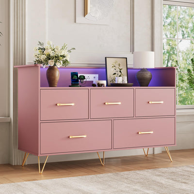 Patikuin Pink Dresser for Bedroom, 47" Wide Chest of Drawers with LED Lights, Charging Station & 5 Smooth-Sliding Drawers, Modern Wood Storage Cabinet for Entryway, Hallway, Living Room