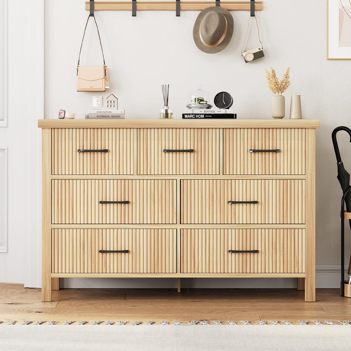 Jocoevol Fluted 7 Drawers Dresser for Bedroom, Boho Chest of Drawers with Metal Handle, Wood Dresser TV Stand, Wooden Closet Clothes Storage Organizer for Living Room, Hallway (Natural Oak) Jocoevol