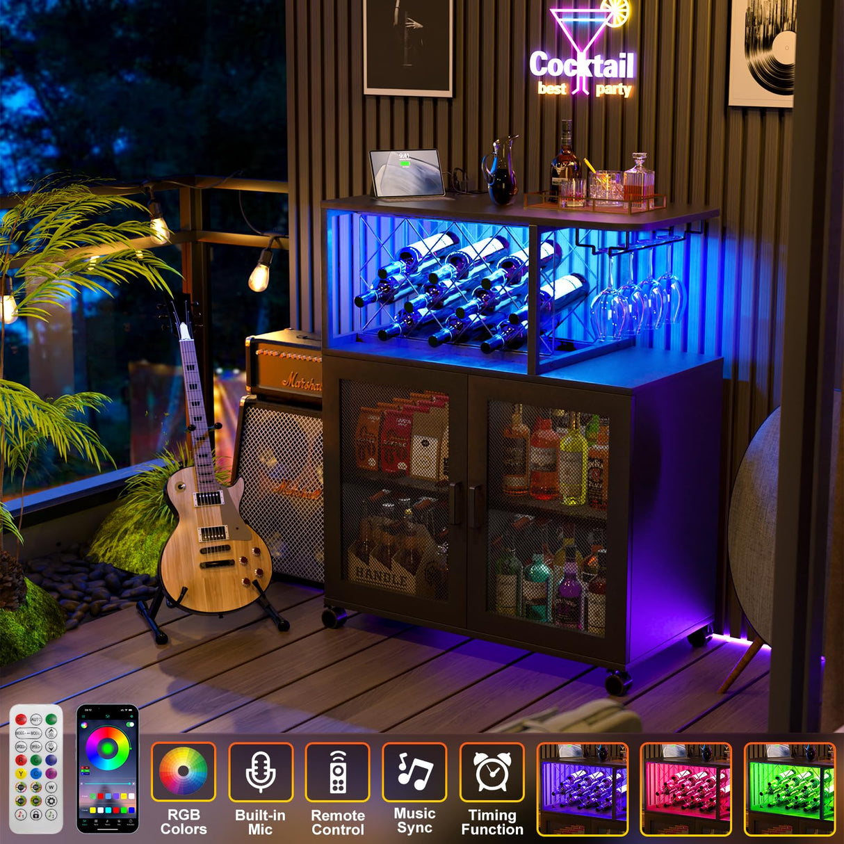 Girapow Small Bar Cart with Wheels, Liquor Cabinet with LED Light, Wine Bar Cabinet with Power Outlets, Home Mini Bar with Wine Rack, Glasses Storage for Kitchen, Dining Room, Living Room, Black Girapow