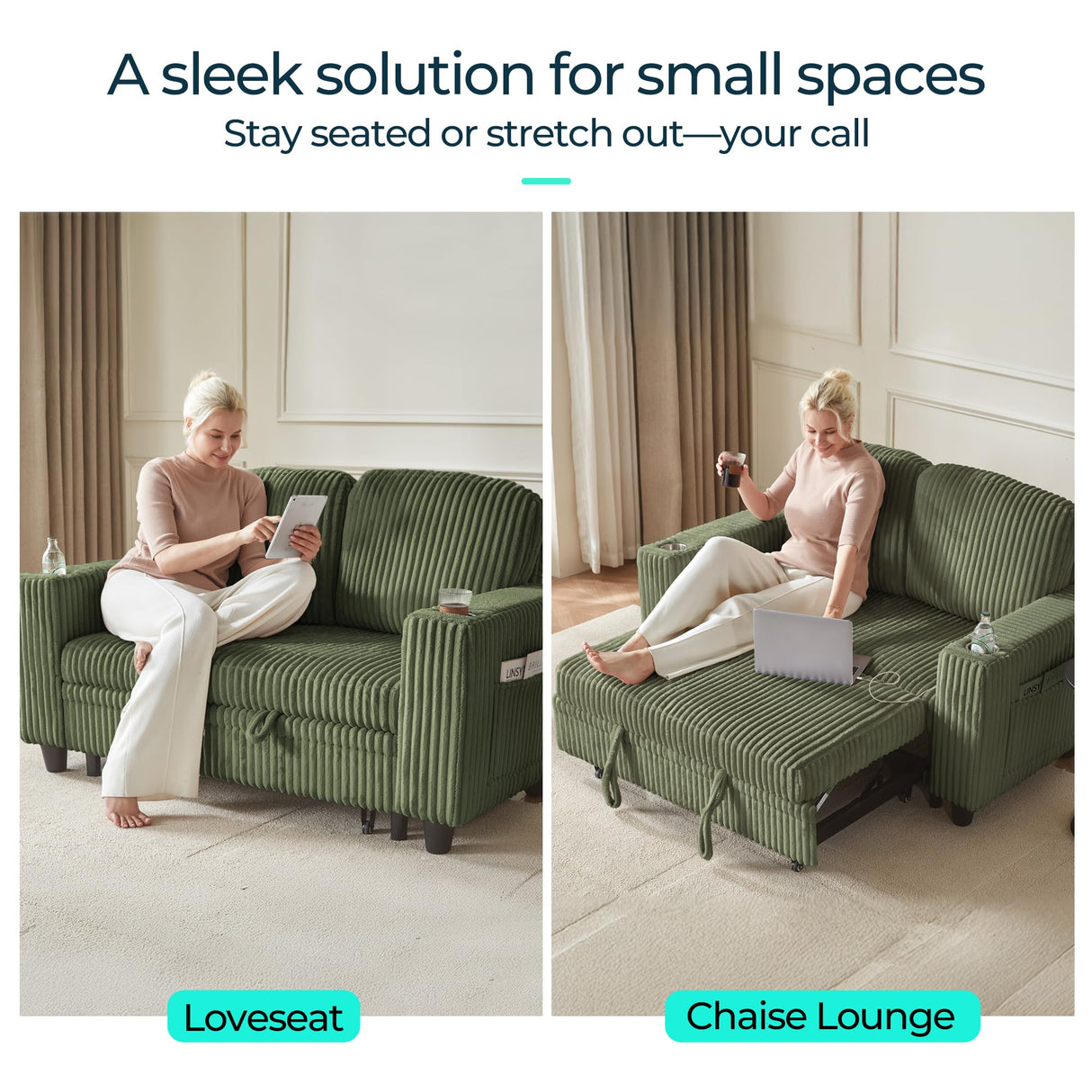 LINSY HOME Loveseat Sofa with Pull Out Couch Chaise: 2-in-1 Convertible 2 Seater Sofa with USB Charging & Cup Holders, Comfy Plush Corduroy Love Seat for Small Spaces Living Room Apartment, Green LINSY HOME