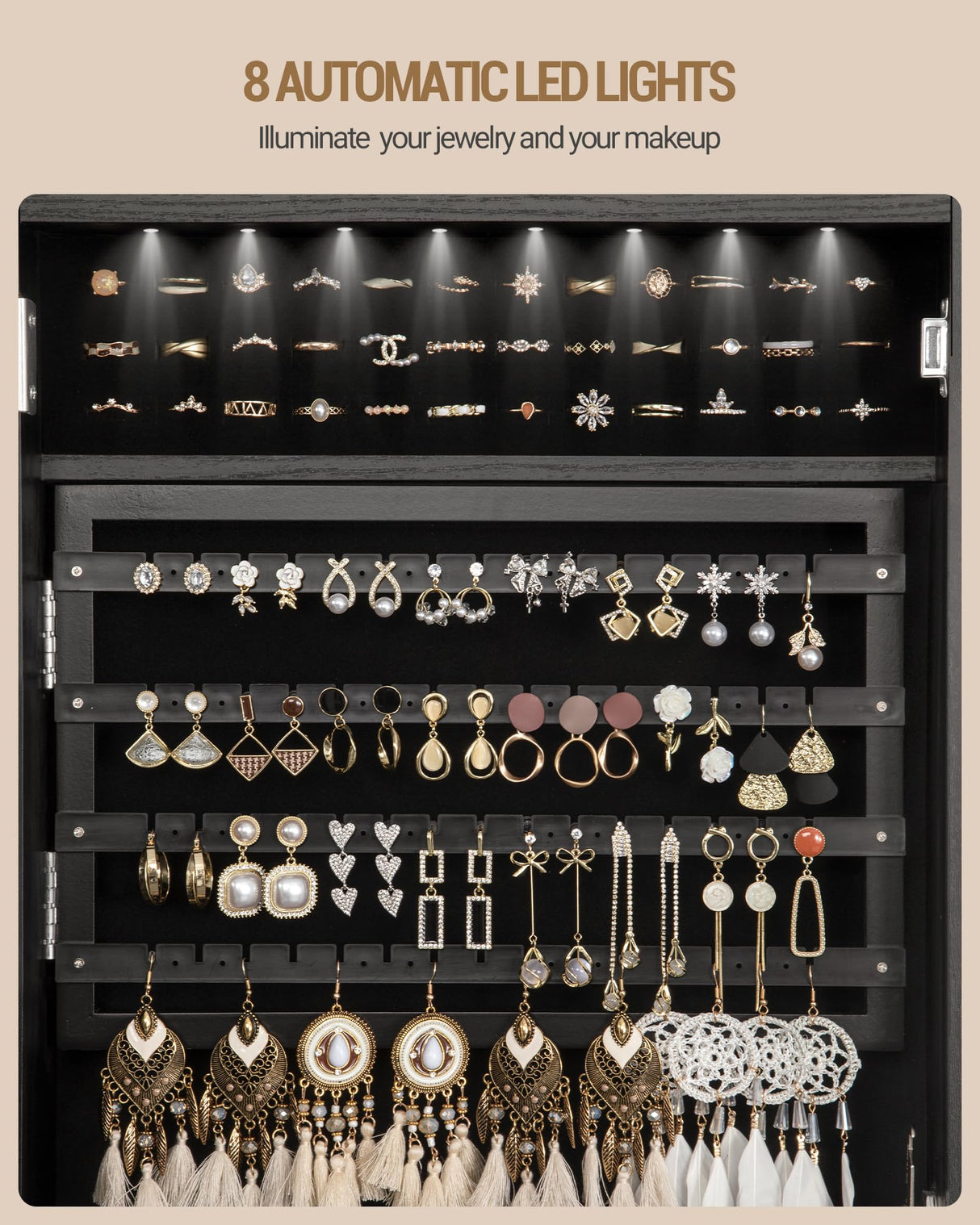 Hzuaneri 8 LEDs Jewelry Cabinet Armoire, 64.8-inch Jewelry Organizer with Garment Rack, Lockable Full-length Mirror with 4 Wheels, Storage Shelves with Hooks, 5-in-1, Black JC17004B Hzuaneri