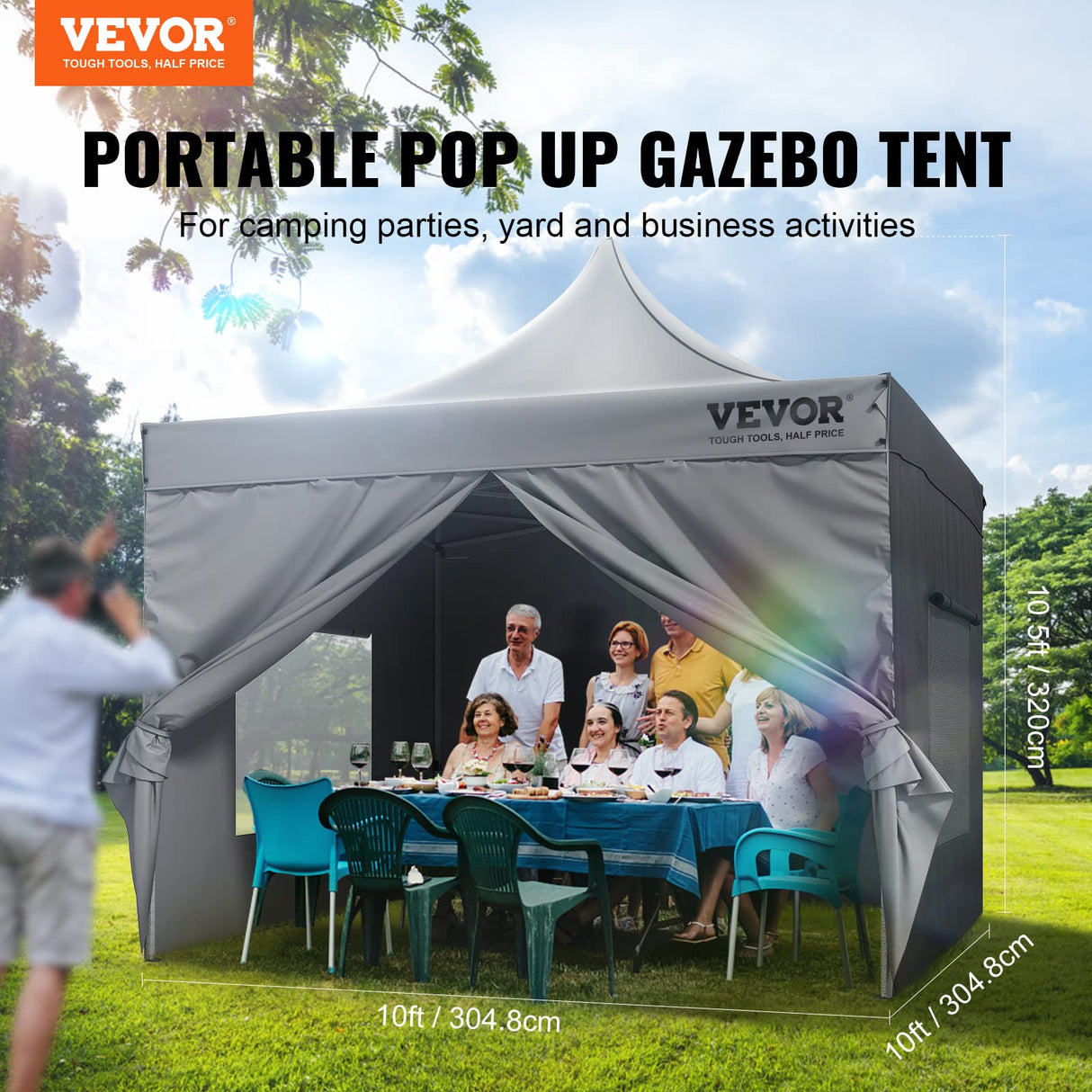 VEVOR 10x10 FT Pop up Canopy with Removable Sidewalls, Instant Canopies Portable Gazebo & Wheeled Bag, UV Resistant Waterproof, Enclosed Canopy Tent for Outdoor Events, Patio, Backyard, Party, Camping VEVOR