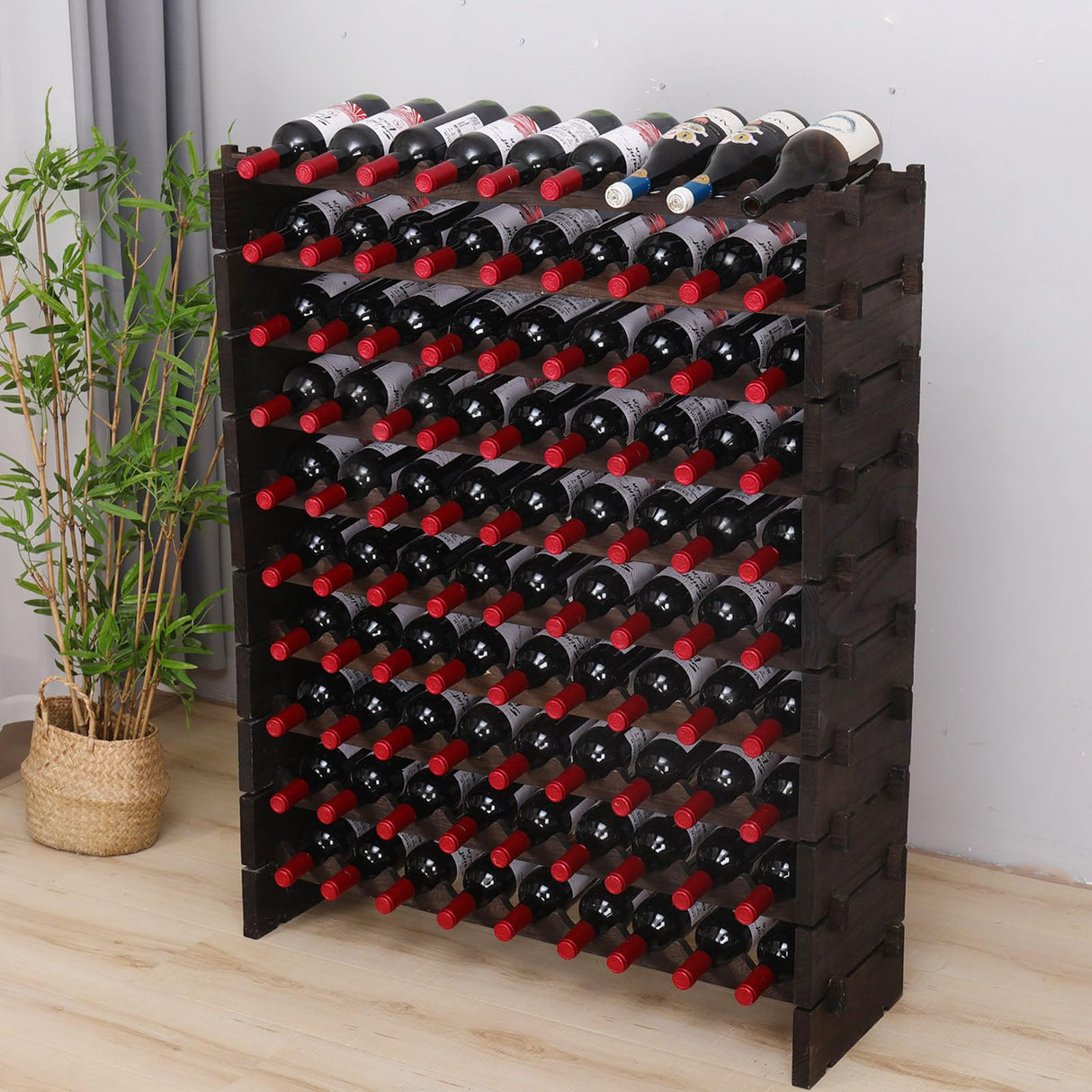 FDHUIJIA Wine Rack Cabinet 90 Bottle Wooden Stackable Storage freestanding Floor Modular Wine Cellar Shelf FDHUIJIA