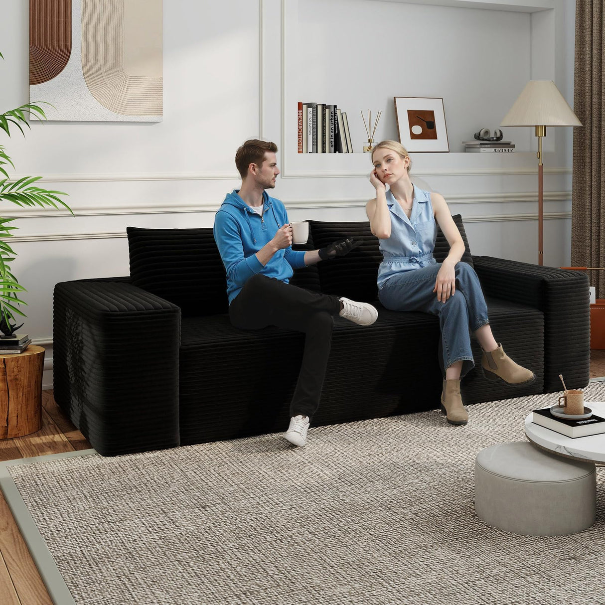 HZANHY 63" Loveseat Sofa, Boneless Loveseats for Living Room, No Assembly Required Corduroy Love Seat for Small Spaces, Bedroom, Apartment, Office, Black HZANHY