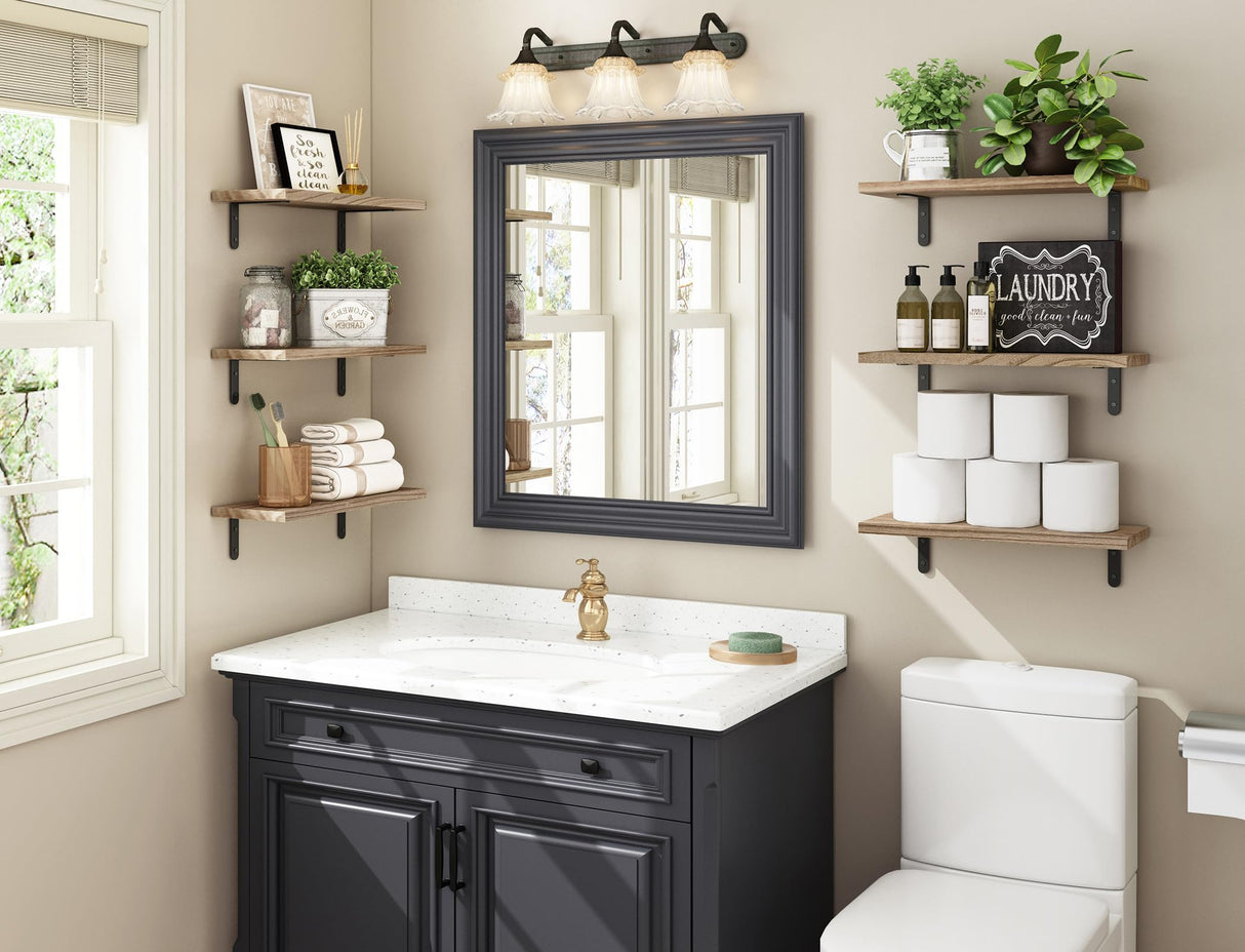 Fixwal Wood Floating Shelves for Wall Decor, Wall Shelves Set of 6, Wall Mounted Floating Shelf for Bedroom Decor, Bathroom Storage, Farmhouse Shelf for Wall - Rustic Brown Fixwal