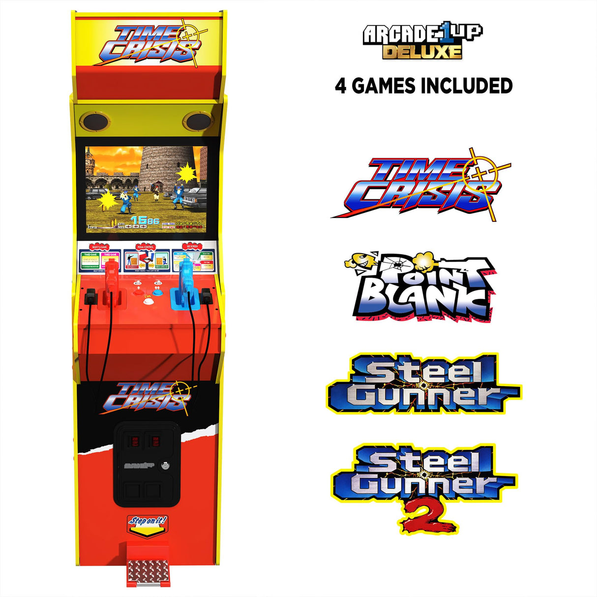Arcade1Up 17-in High Resolution LCD Screen Multiplayer Time Crisis, Point Blank, & Steel Gunner Light Gun Arcade Machine w/ Stand Up Cabinet for Home ARCADE1UP