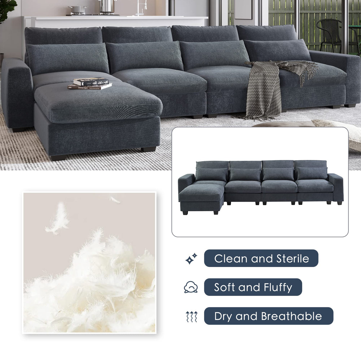 Eafurn Feather Filled Oversized Convertible Modular Sectional Sofa with Movable Ottoman, L Shaped Deep Seat Reversible Sleeper Corner Couch with Waist Pillows for Living Room Furniture Sets Eafurn