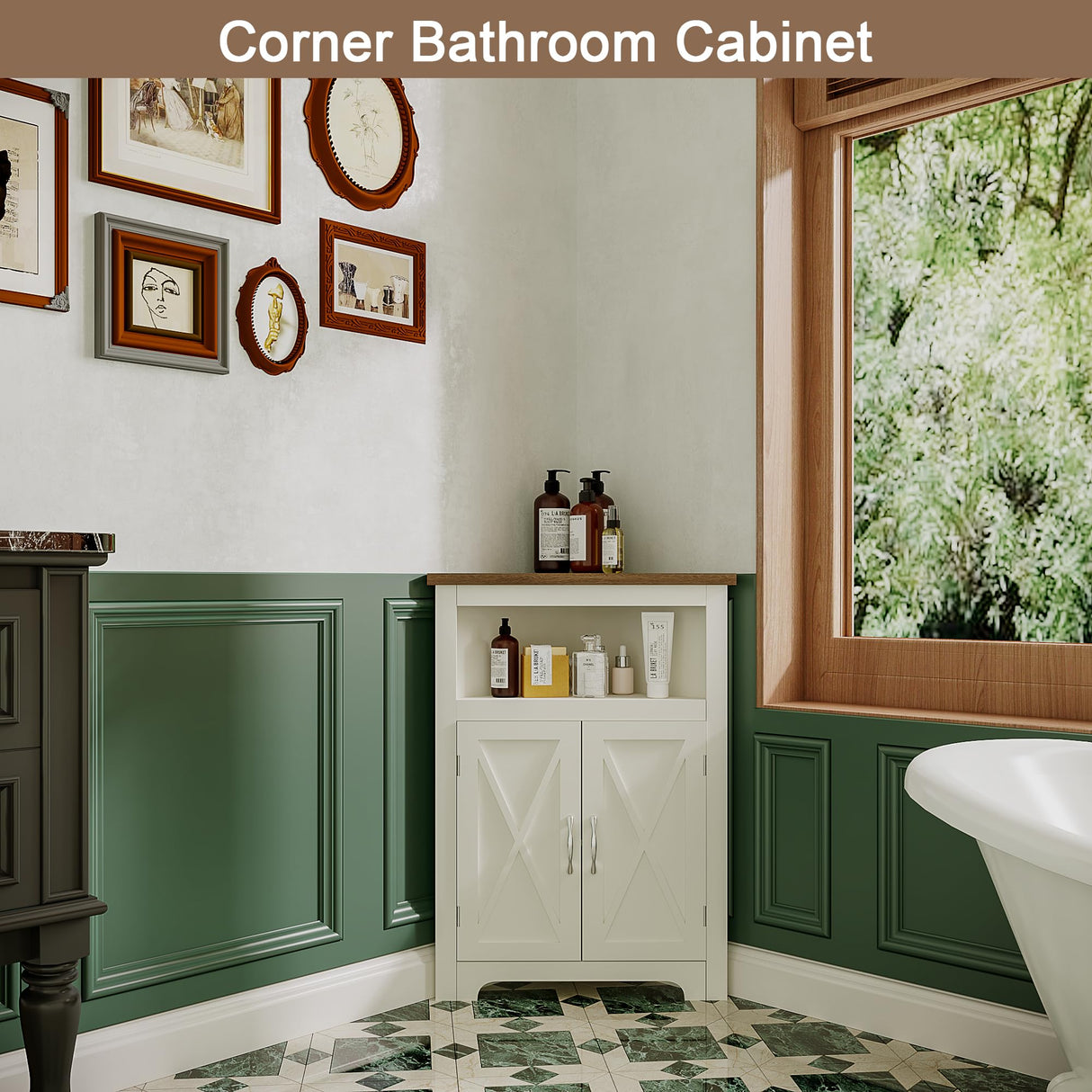 ChooChoo Farmhouse Corner Cabinet, Small Corner Storage Cabinet with Barn Door Design and Adjustable Shelf, Home Space Saver for Living Room, Bathroom, Kitchen, Soft White & Brown ChooChoo