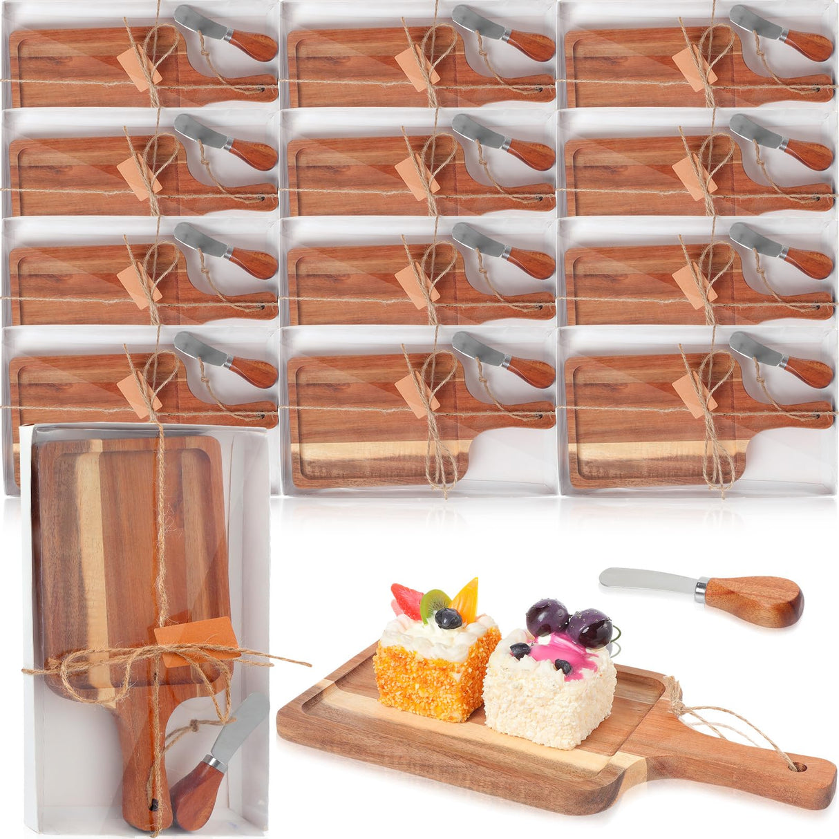 Geetery 12 Set Acacia Wood Charcuterie Board with Knife Wooden Serving Tray with Groove Acacia Wood Cutting Board with Gift Box and Card for Wedding Baby Shower Housewarming Gift Geetery
