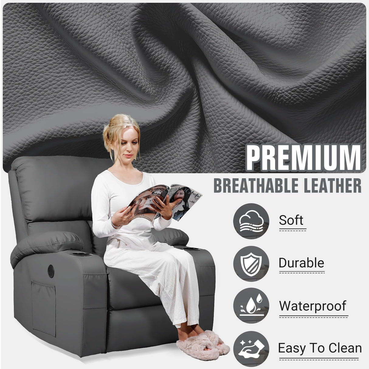 LAFWELL Rocking Recliner Chair, Massage Rocker Recliner Chair with Vibration Massage and Heat, USB and Type-C Ports,360° Swivel Faux Leather Chairs, Living Room, Bedroom, Nursery, RV, Dark Grey LAFWELL