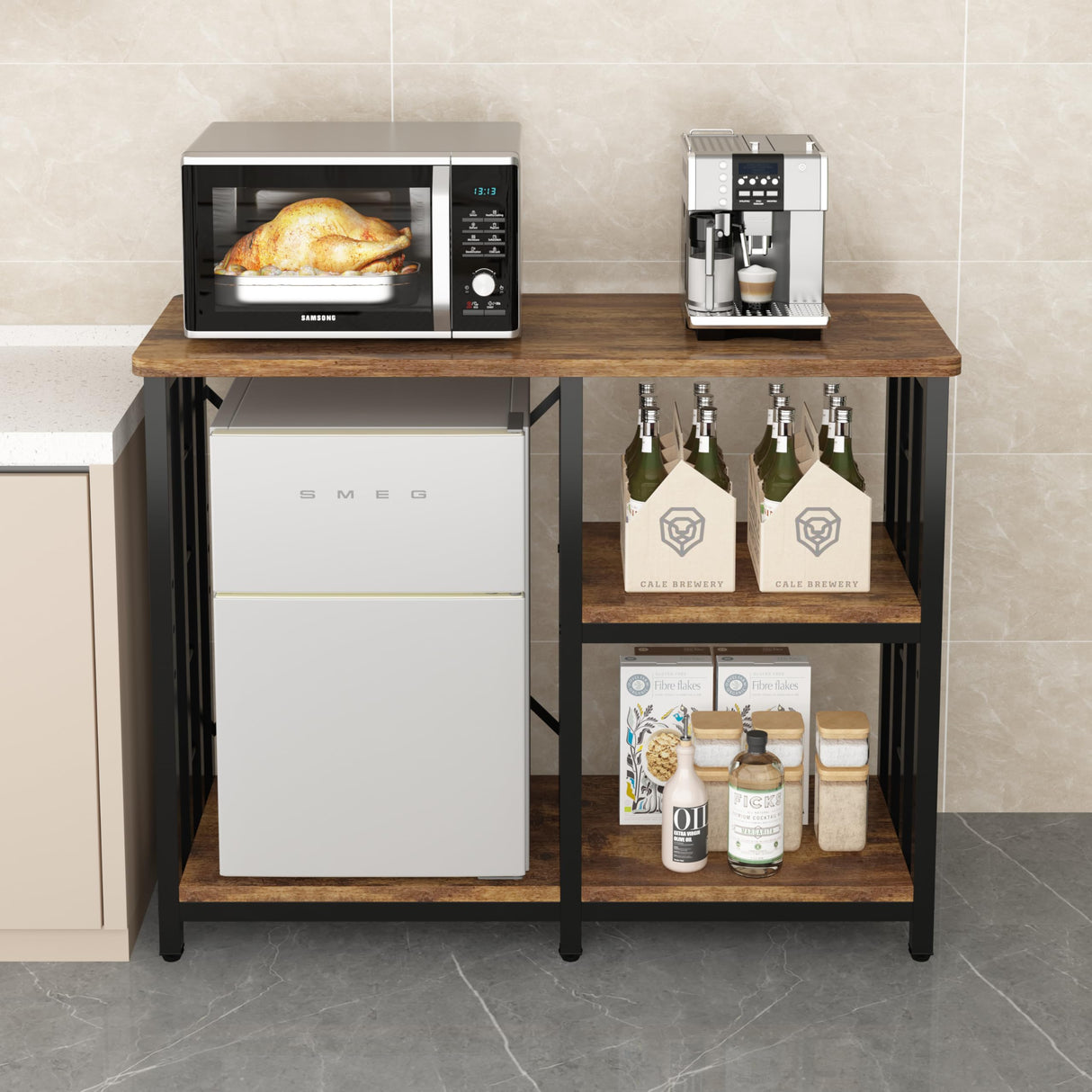 4-Tier Kitchen Baker's Rack, Mini Fridge & Microwave Oven Stand Table, 5 Tiers Coffee Bar Table, 20-29-37 Gallon Fish Tank Stand, Kitchen Organizer Shelf for Spices/Utensils Foods(Rustic Brown) BINGO CHERRY