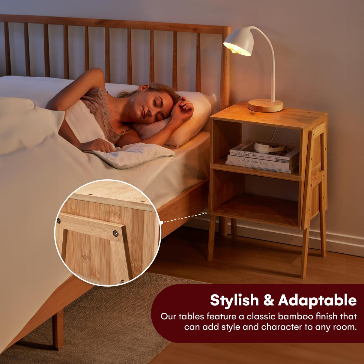 Vdomus Bamboo Stackable Nightstand Set of 2-16 inches Natural Wood Matching Side Table - Wooden Bedside Tables - Minimalist Low End Table Furniture for Living Room or Bedroom Mothers Day Gifts Vdomus