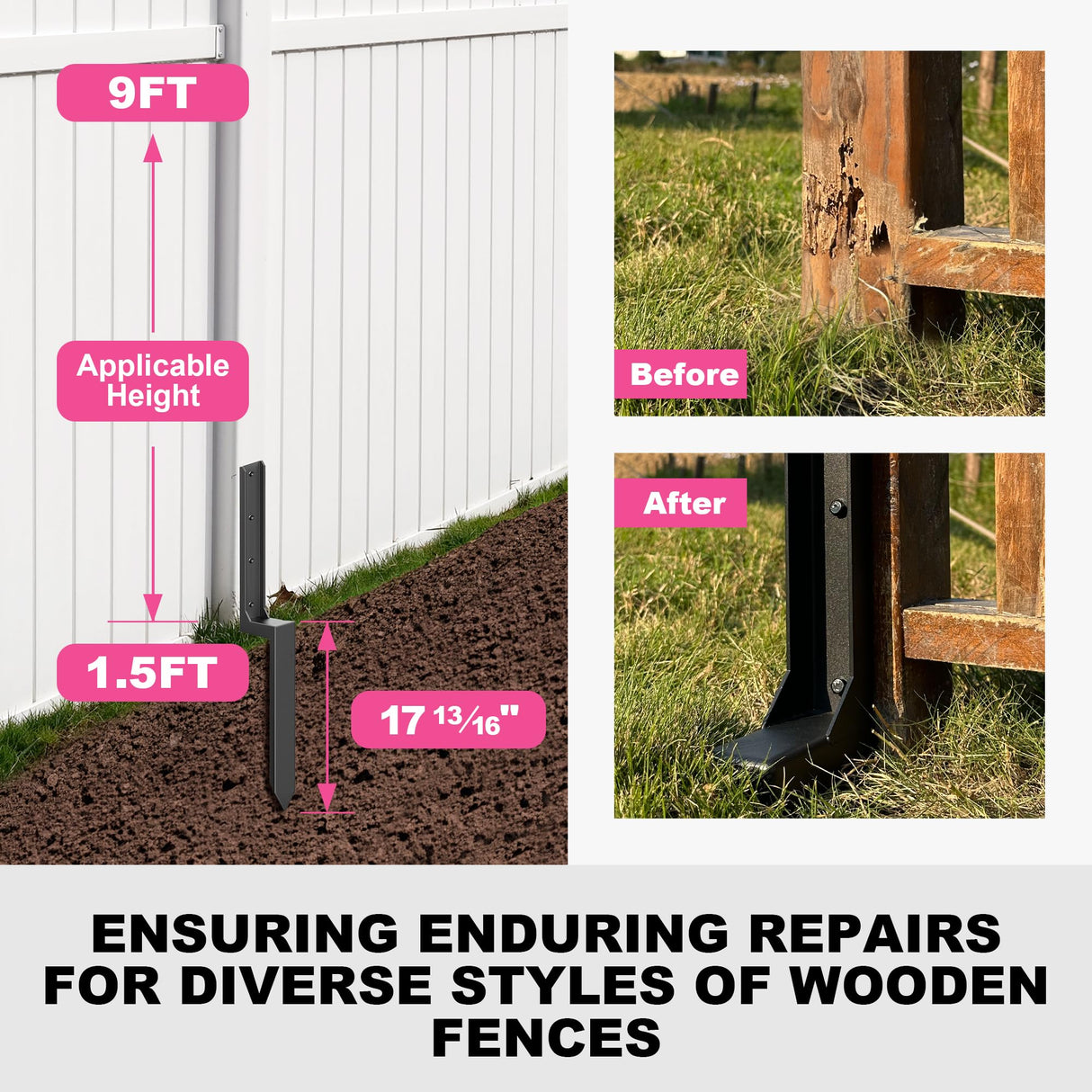 IRONBARBIE Thickened Fence Post Repair Stakes Kit, Steel Fence Post Anchor, Repair Leaning 4x4/6x6 Wooden Fence Post Support (Thicker 11-Gauge, 2 Pack/Black) ironbarbie
