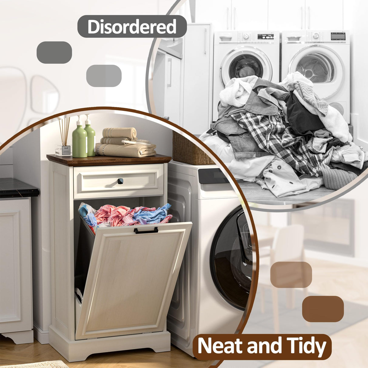 OUTGUAVA 13 Gallon Tilt Out Trash Cabinet Kitchen Waste Bins,50 Quart Laundry Hamper Tilt Out Pet Proof Hidden Trash Bin for Kitchen Living Room, (Antique White and Brown) OUTGUAVA