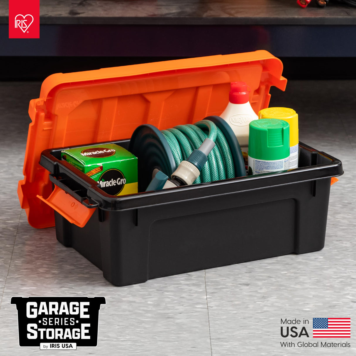 IRIS USA 12 Gallon Lockable Storage Bins with Lids, 2 Pack - Made in USA, Heavy Duty, Stackable Containers, Garage Organizing Bins Moving Tubs, Rugged Sturdy Equipment Utility Box - Black/Orange IRIS USA