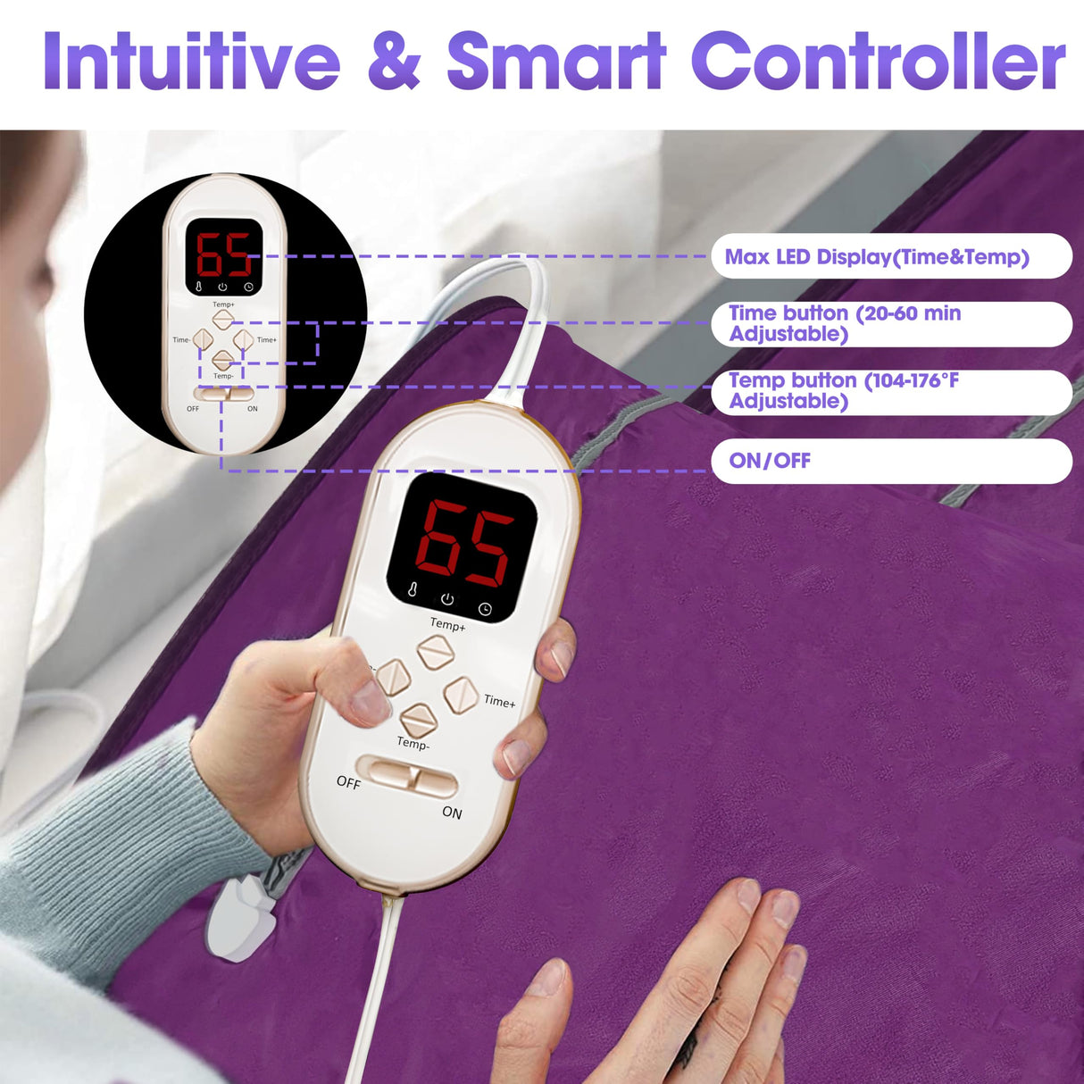 PINJAZE Natural Jade and Tourmaline Heat Far Infrared Sauna Blanket with Remote Control for Exercise Recovery Heating Detox 2-Zone Double Zipper Digital Display Portable Saunas for Home Relaxation PINJAZE