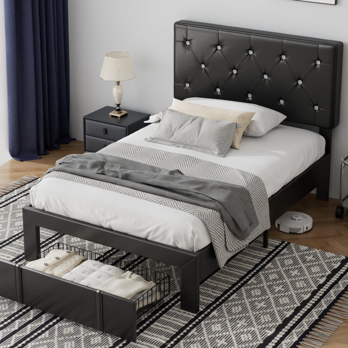 VECELO Twin Size Bed Frame with Storage Drawers, Leather Upholstered Bedframe with Diamond Tufted Headboard, Solid Wood Slat Support, No Box Spring Needed, PU Black VECELO