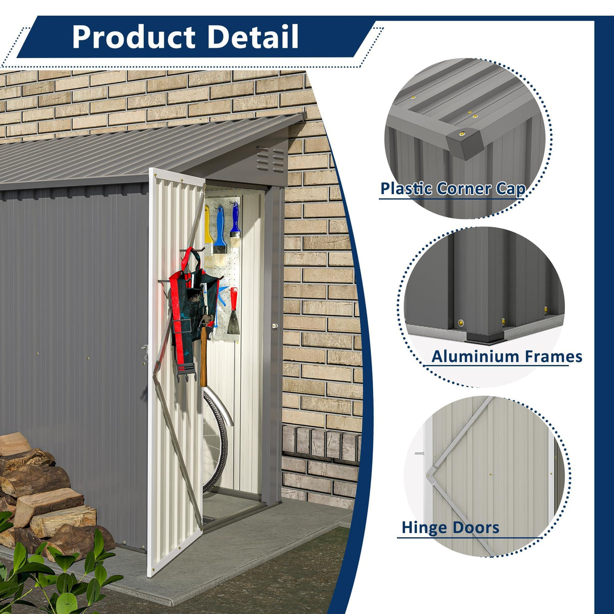 4×8 Ft Outdoor Storage Shed, Metal Lean to Storage Shed for Backyard, Patio, Garden, Gray LZBEITEM