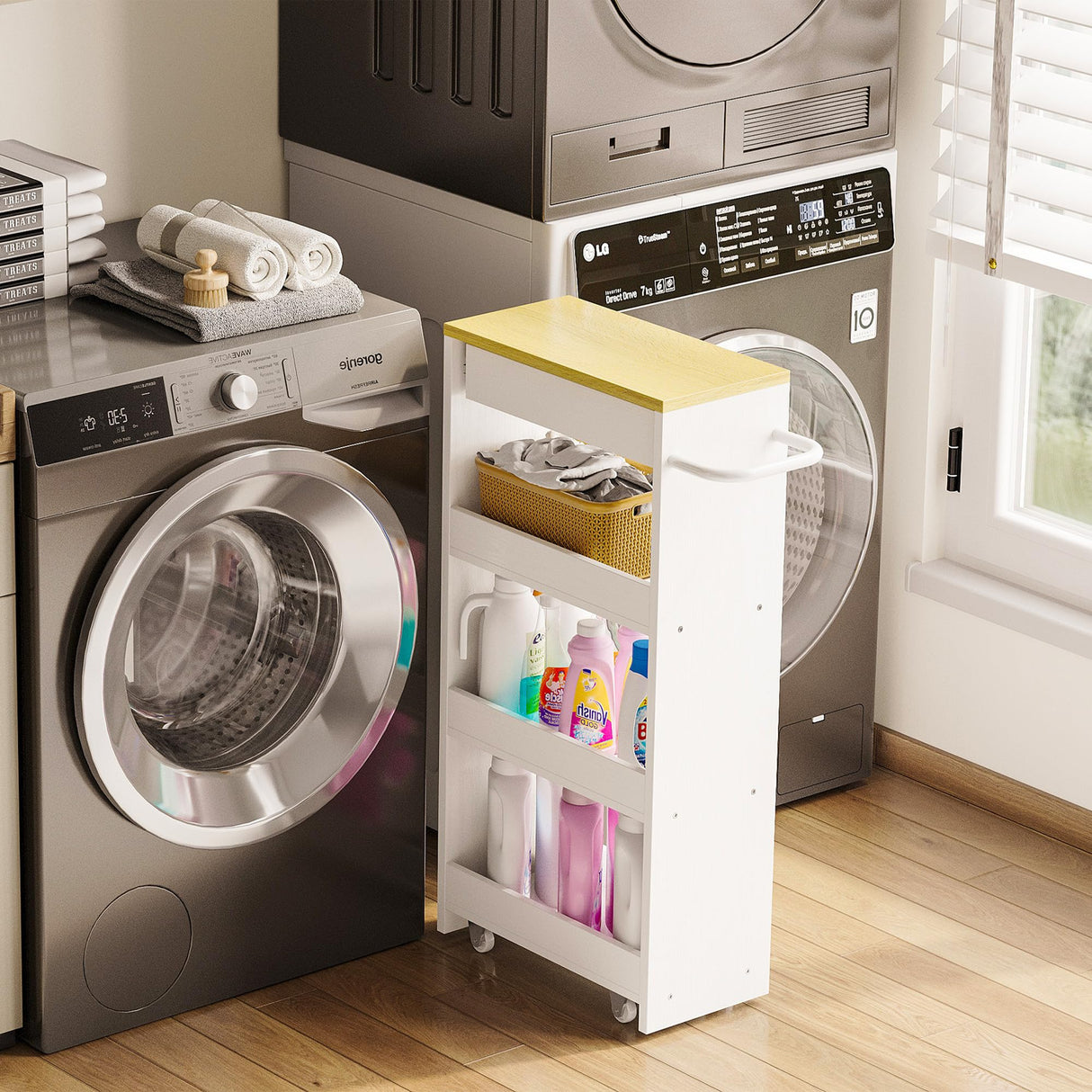 IRONCK Slim Storage Rolling Cart with Drawer and Wheels and Handle, 4 Tier Slide Out Utility Kitchen Cart for Small Spaces Kitchen Laundry Narrow Places, White IRONCK