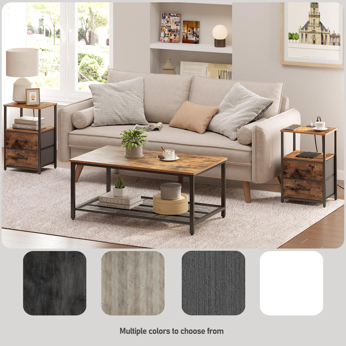 TUTOTAK LED End Table with Charging Station, Nightstand with Cloth Drawer, Side Table with 1 USB Port and 1 Type-C Port, Set of 2, Couch Table, Brown TB01BB052L TUTOTAK