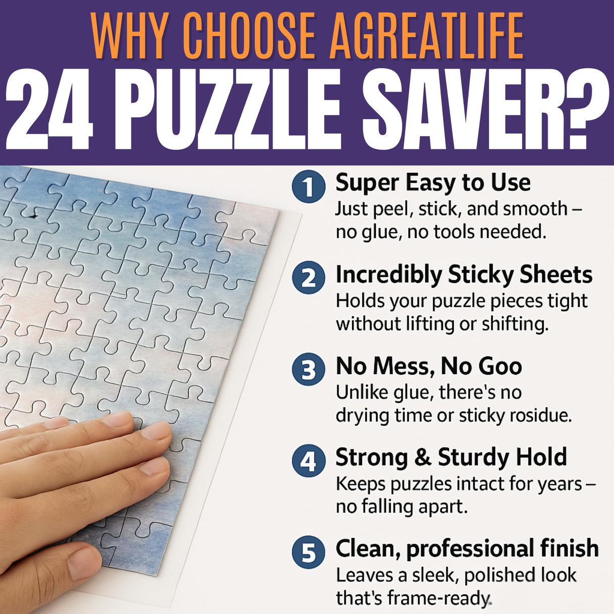AGREATLIFE 24 Adhesive Puzzle Saver Sheets - Preserve 4 x 1000 Pieces Jigsaw Puzzles - No Stress No Mess - Puzzle Glue Sheets Peel and Stick (24 Sheets with 8 Adhesive Hangers) AGREATLIFE
